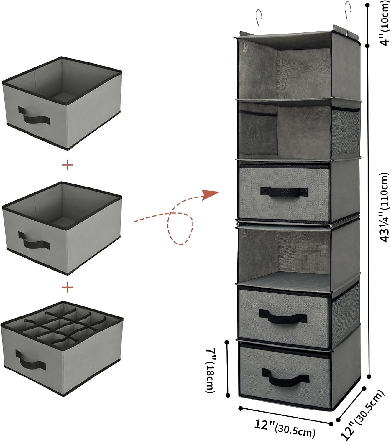 image:imageGRANNY SAYS Hanging Closet Organizer 6 Shelves Closet Organizers and Storage with 5 Drawers 6 Side Pockets Closet Hanging Organizer Hanging Storage Organizer for Closet Baby Clothes Gray6 Tier3 Drawersgrey