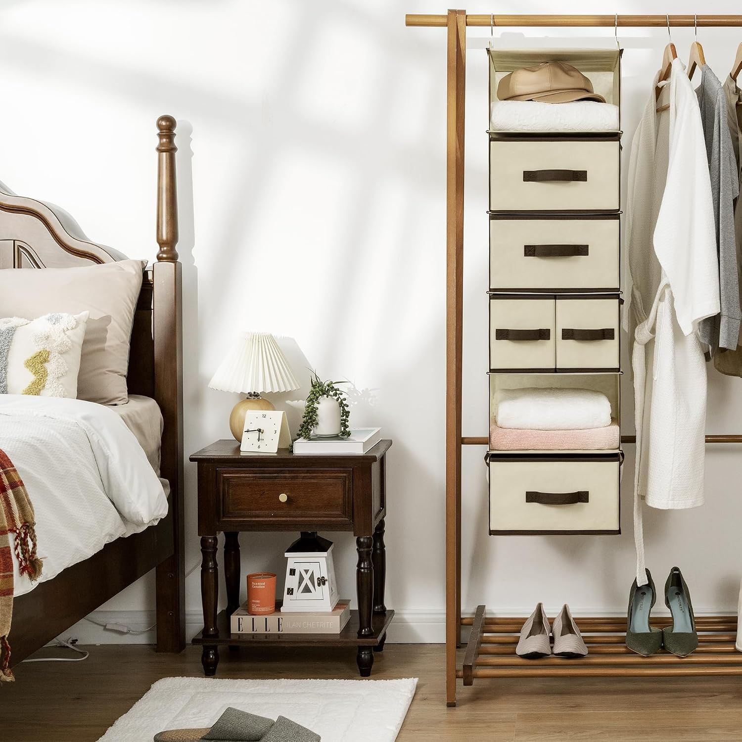 image:imageGRANNY SAYS Hanging Closet Organizer 6 Shelves Closet Organizers and Storage with 5 Drawers 6 Side Pockets Closet Hanging Organizer Hanging Storage Organizer for Closet Baby Clothes Gray6 Tier5 Drawersbeige