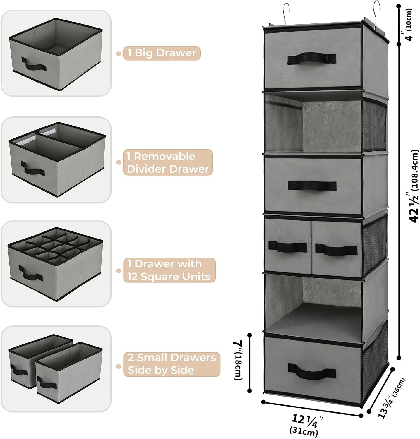 image:imageGRANNY SAYS Hanging Closet Organizer 6 Shelves Closet Organizers and Storage with 5 Drawers 6 Side Pockets Closet Hanging Organizer Hanging Storage Organizer for Closet Baby Clothes Gray6 Tier5 Drawersgrey