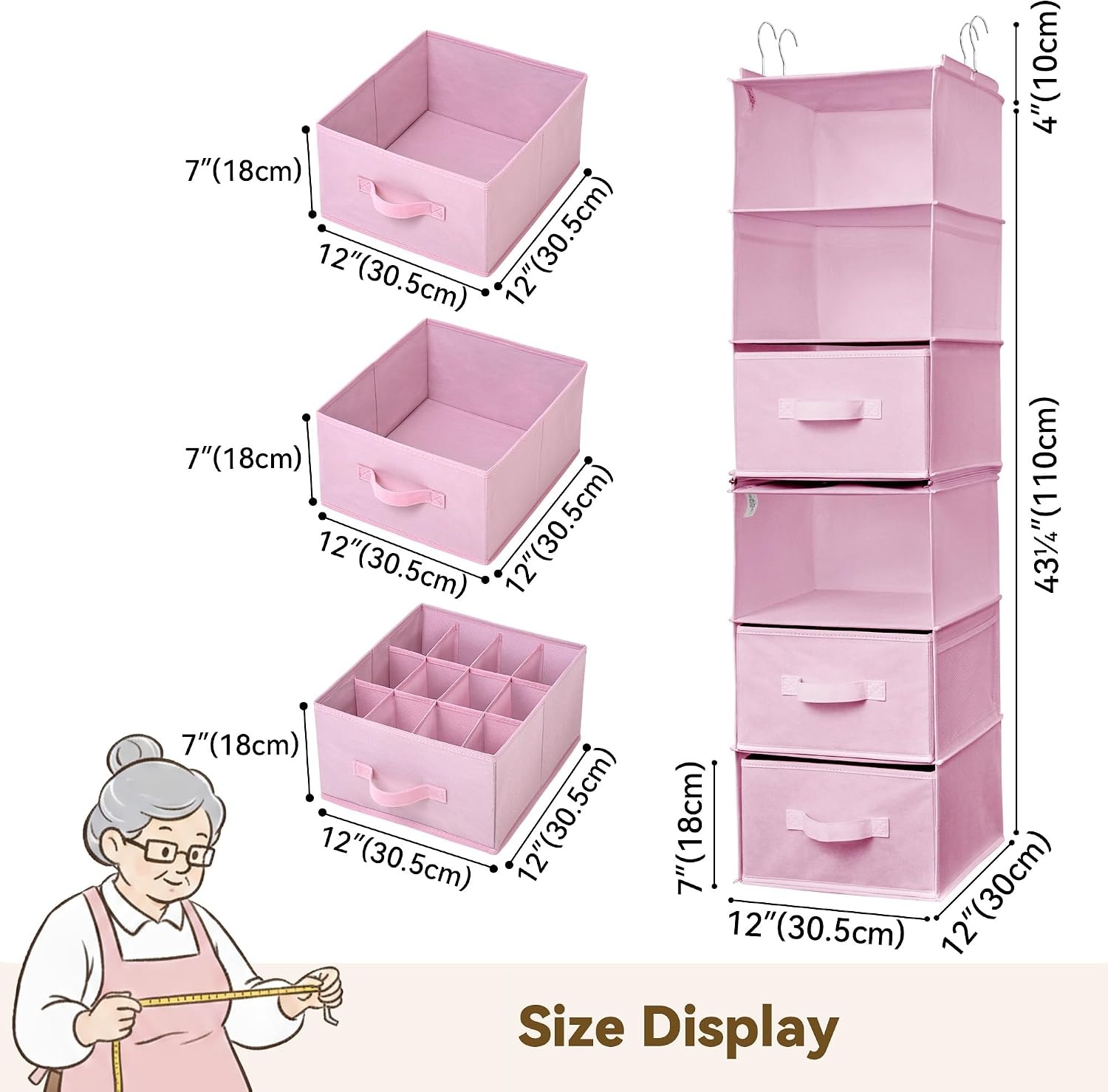 image:imageGRANNY SAYS Hanging Closet Organizer 6 Shelves Closet Organizers and Storage with 5 Drawers 6 Side Pockets Closet Hanging Organizer Hanging Storage Organizer for Closet Baby Clothes Gray6 Tier3 Drawerspink