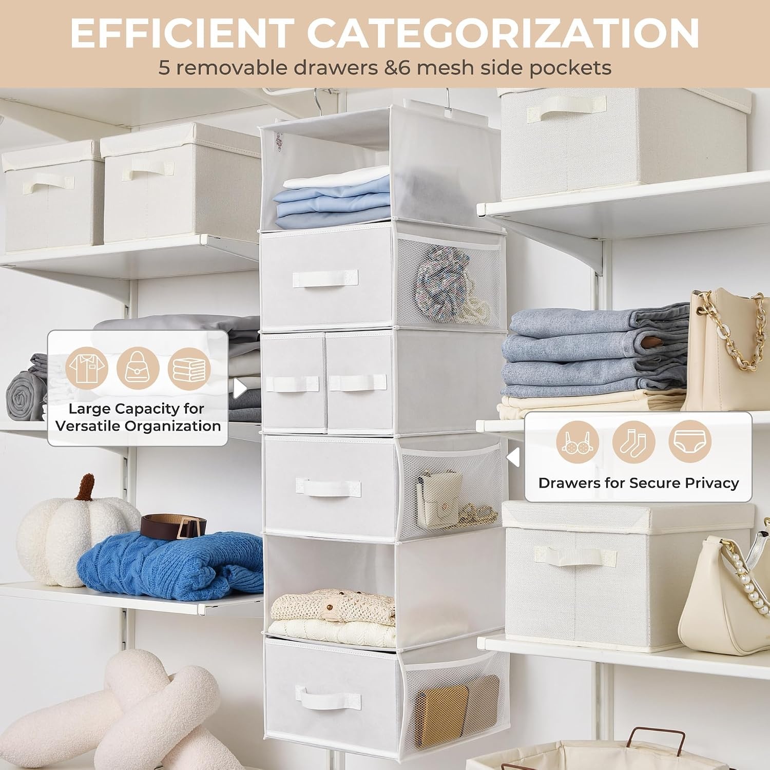 image:imageGRANNY SAYS Hanging Closet Organizer 6 Shelves Closet Organizers and Storage with 5 Drawers 6 Side Pockets Closet Hanging Organizer Hanging Storage Organizer for Closet Baby Clothes Gray6 Tier5 Drawerswhite