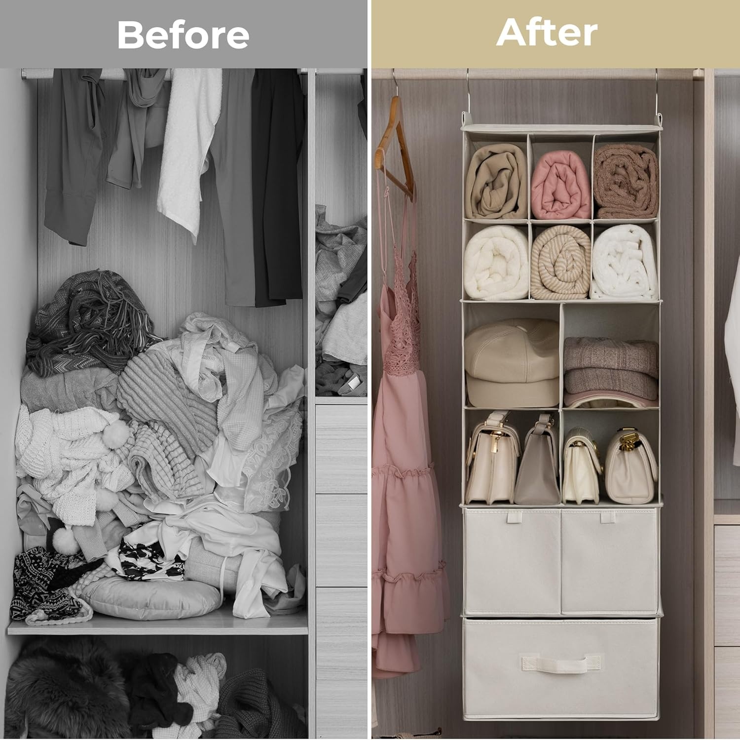 image:imageGRANNY SAYS Hanging Closet Organizer with Drawers 6 Shelf Dividers Closet Hanging Organizer Portable Foldable Hanging Shelves for Closet Dorm Room Bedroom Kids Room Beige6 Tier10 Cubiclesbeige