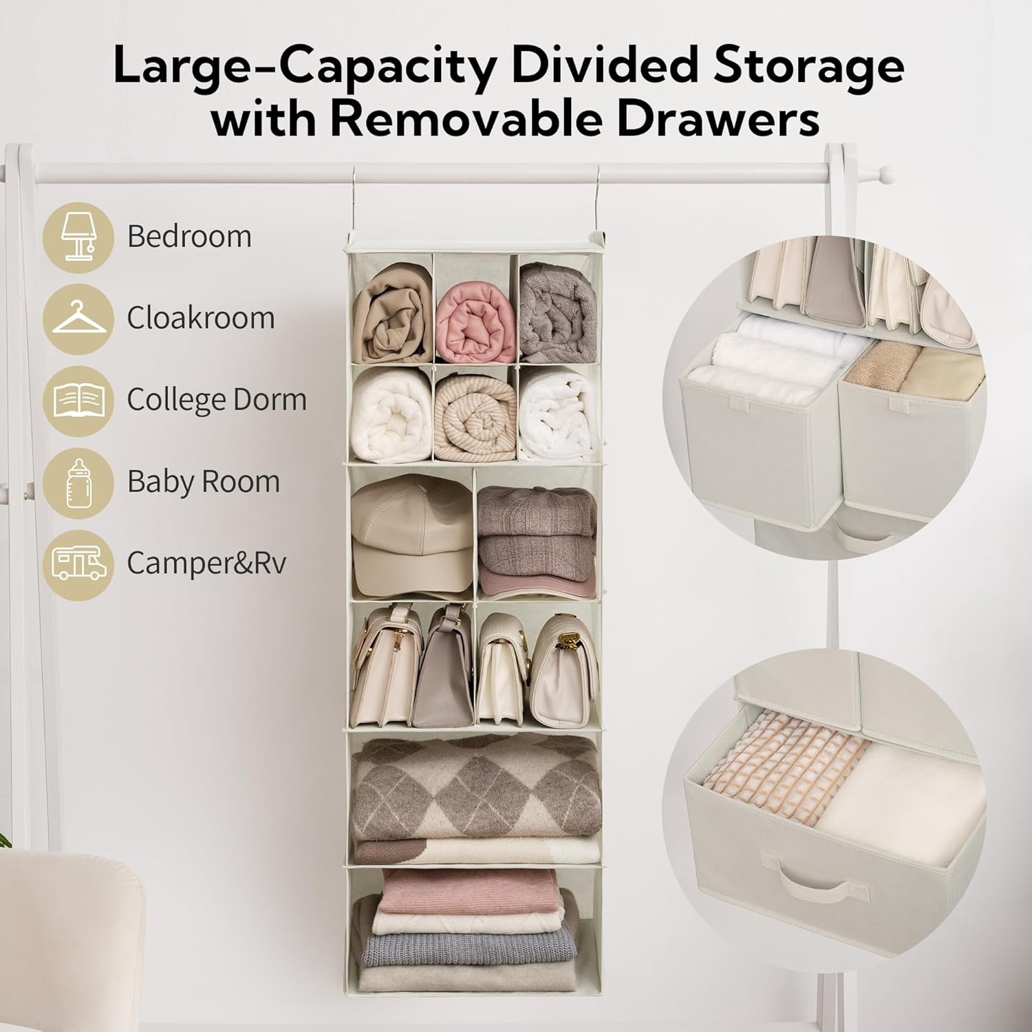 image:imageGRANNY SAYS Hanging Closet Organizer with Drawers 6 Shelf Dividers Closet Hanging Organizer Portable Foldable Hanging Shelves for Closet Dorm Room Bedroom Kids Room Beige6 Tier10 Cubiclesbeige