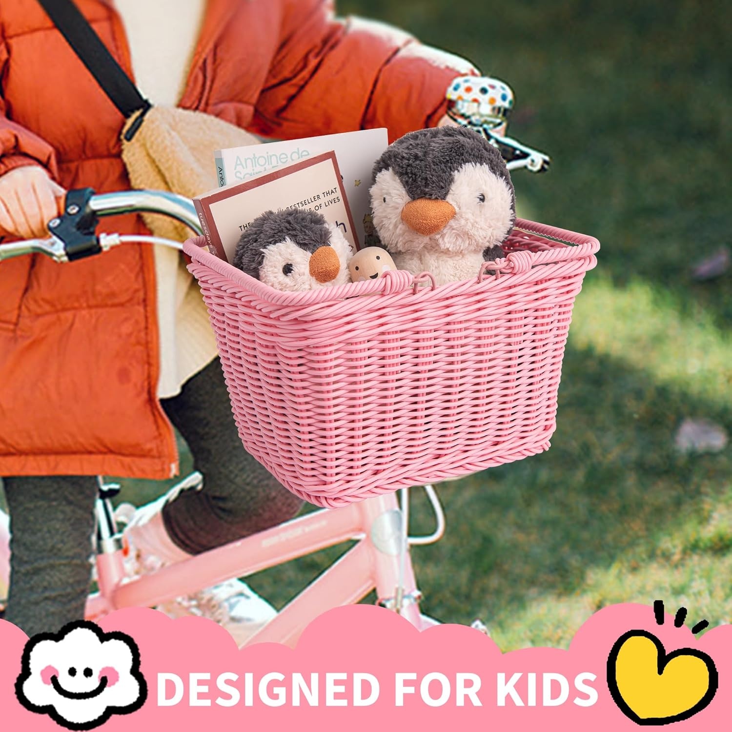 image:imageGRANNY SAYS Kids Bike Basket Front Bicycle Bike Baskets for Kids Small Wicker Bike Basket for Boys and Girls Small Wicker Basket for Bike 1PackPink