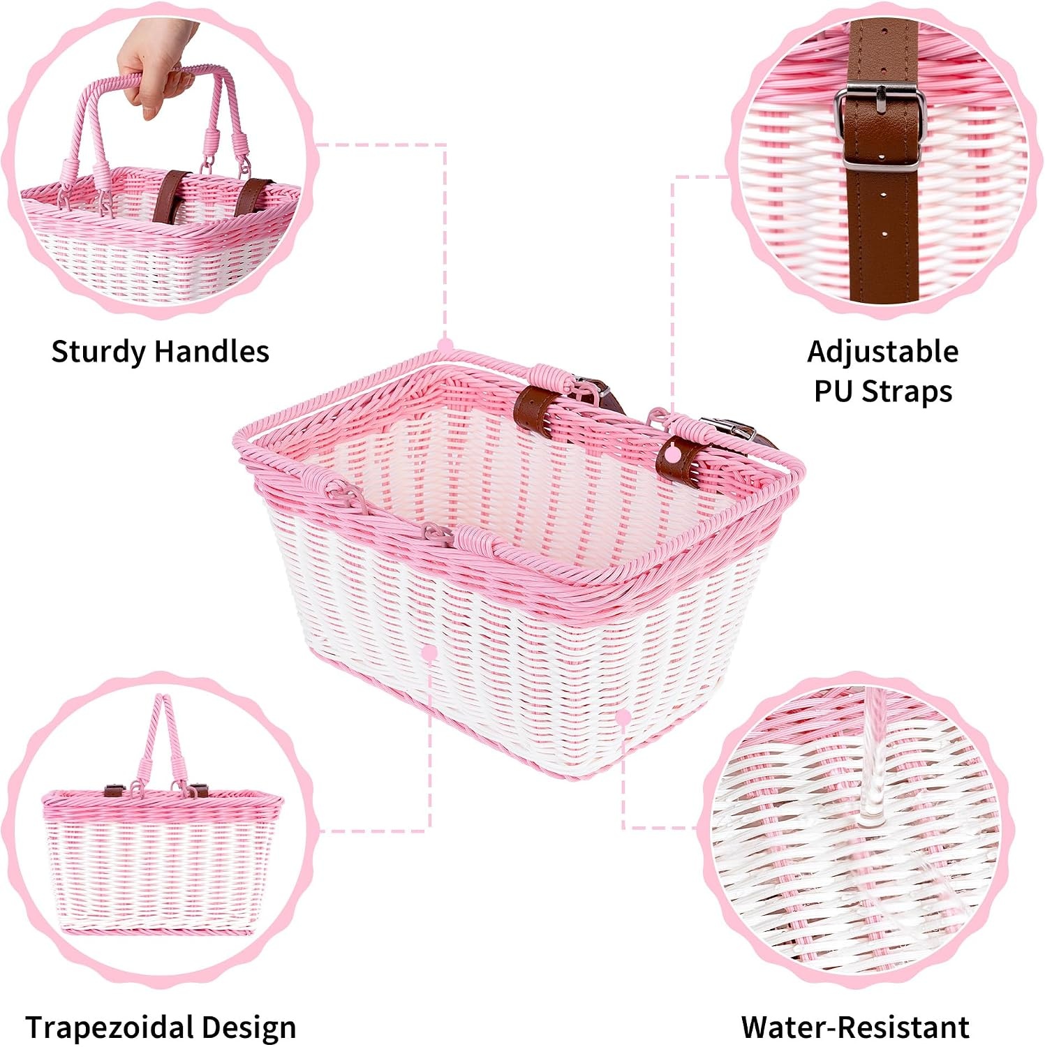 image:imageGRANNY SAYS Kids Bike Basket Front Bicycle Bike Baskets for Kids Small Wicker Bike Basket for Boys and Girls Small Wicker Basket for Bike 1PackPink White