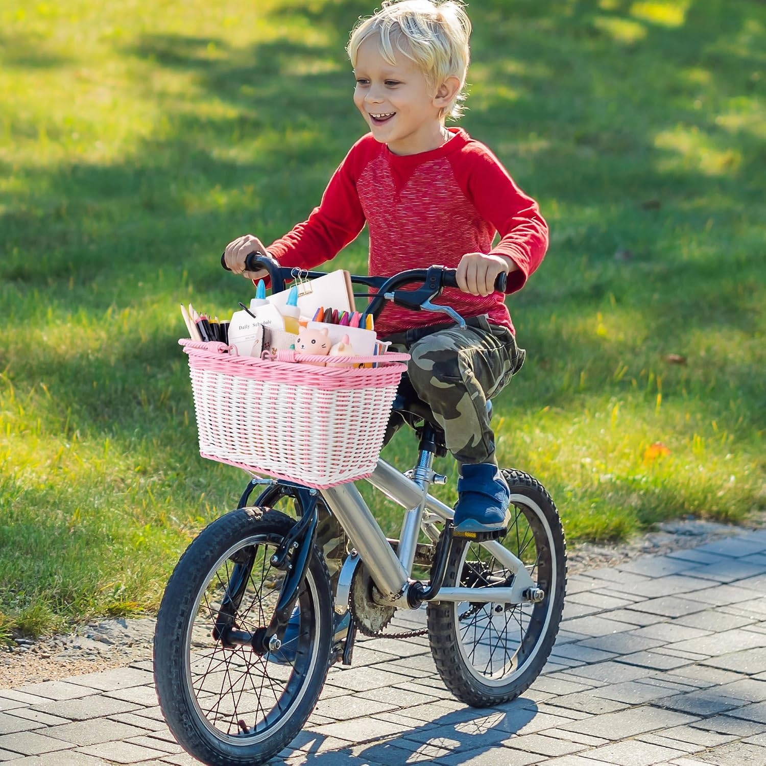 image:imageGRANNY SAYS Kids Bike Basket Front Bicycle Bike Baskets for Kids Small Wicker Bike Basket for Boys and Girls Small Wicker Basket for Bike 1PackPink White