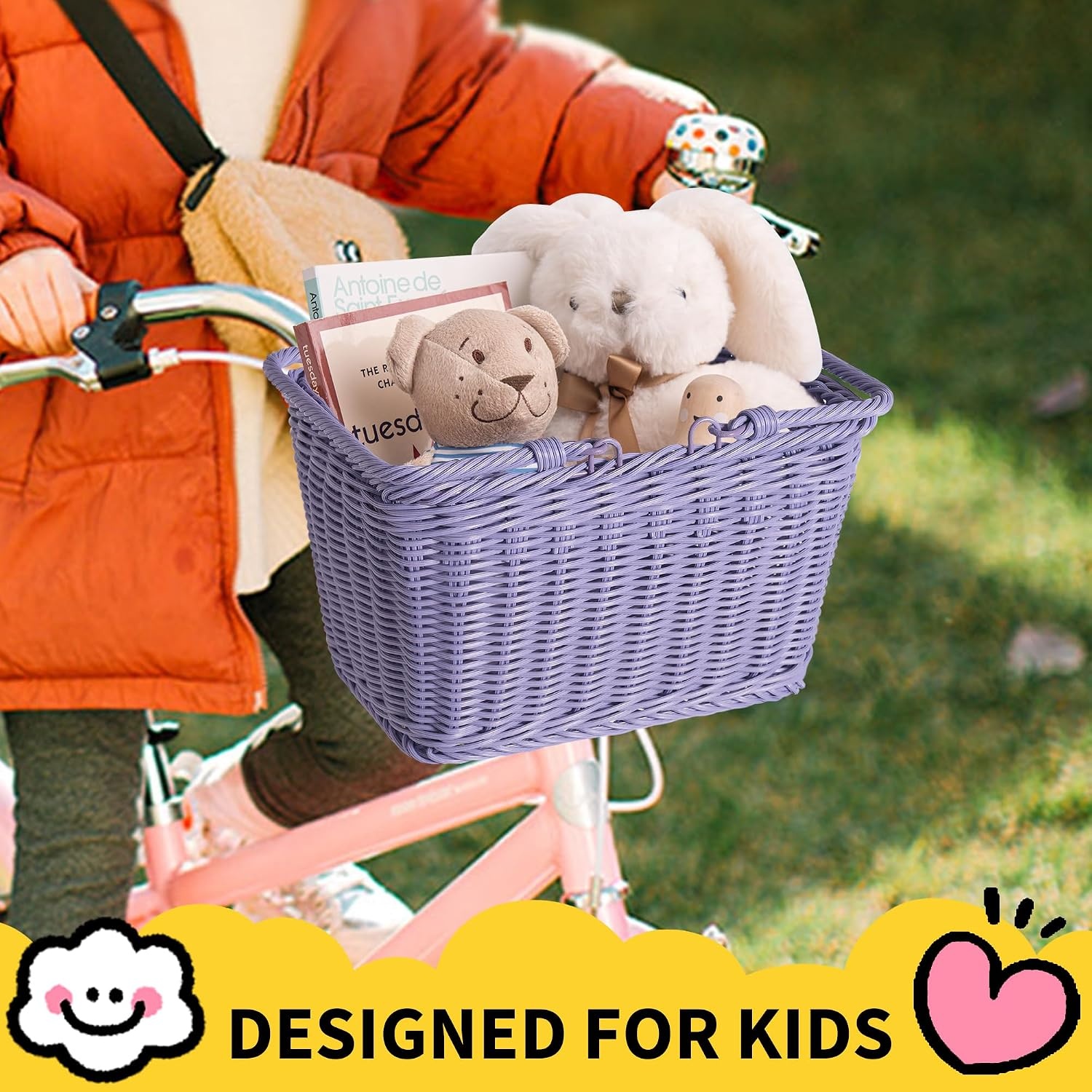 image:imageGRANNY SAYS Kids Bike Basket Front Bicycle Bike Baskets for Kids Small Wicker Bike Basket for Boys and Girls Small Wicker Basket for Bike 1PackPurple