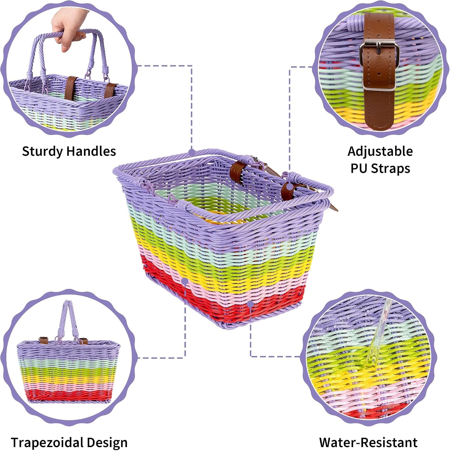 image:imageGRANNY SAYS Kids Bike Basket Front Bicycle Bike Baskets for Kids Small Wicker Bike Basket for Boys and Girls Small Wicker Basket for Bike 1PackRainbow