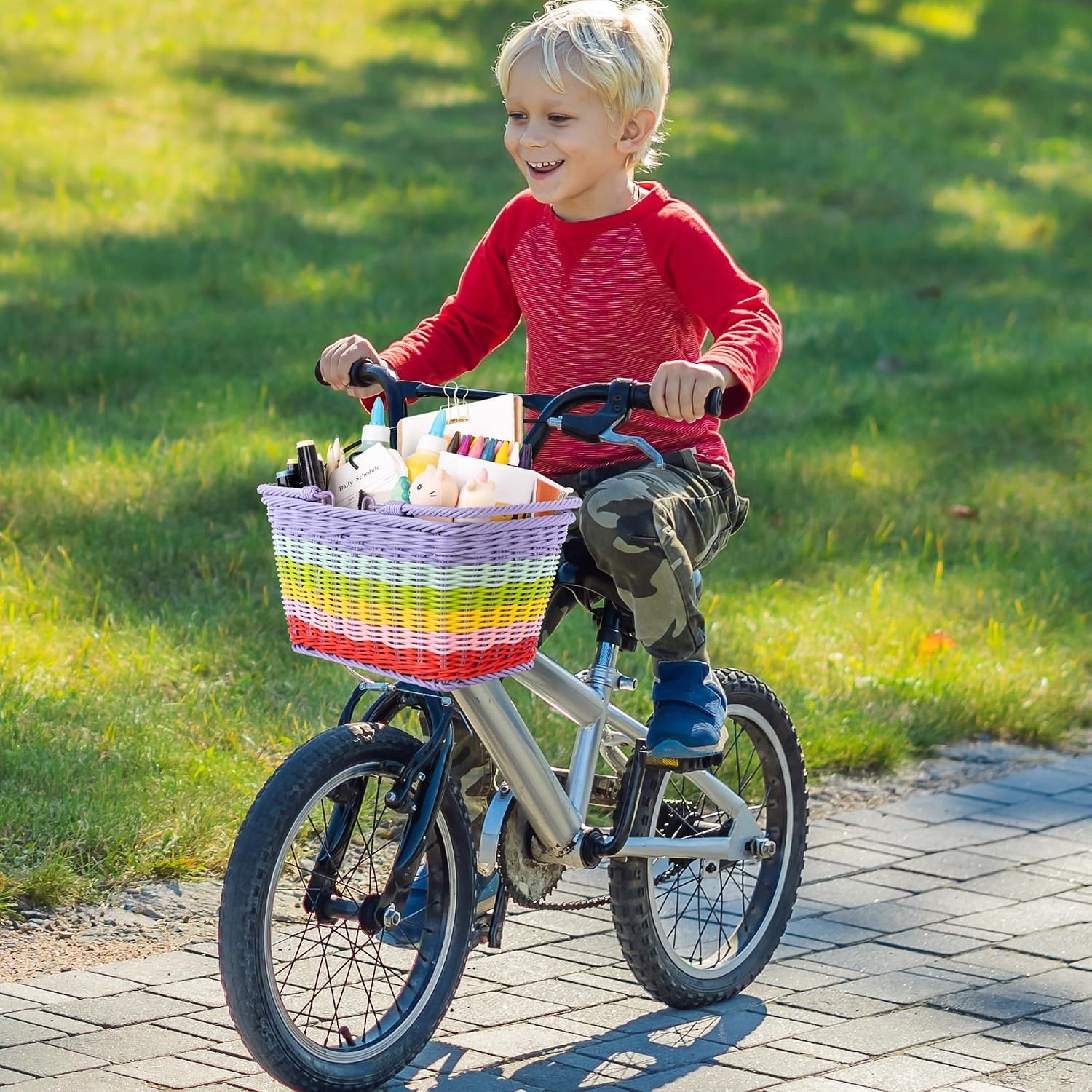 image:imageGRANNY SAYS Kids Bike Basket Front Bicycle Bike Baskets for Kids Small Wicker Bike Basket for Boys and Girls Small Wicker Basket for Bike 1PackRainbow