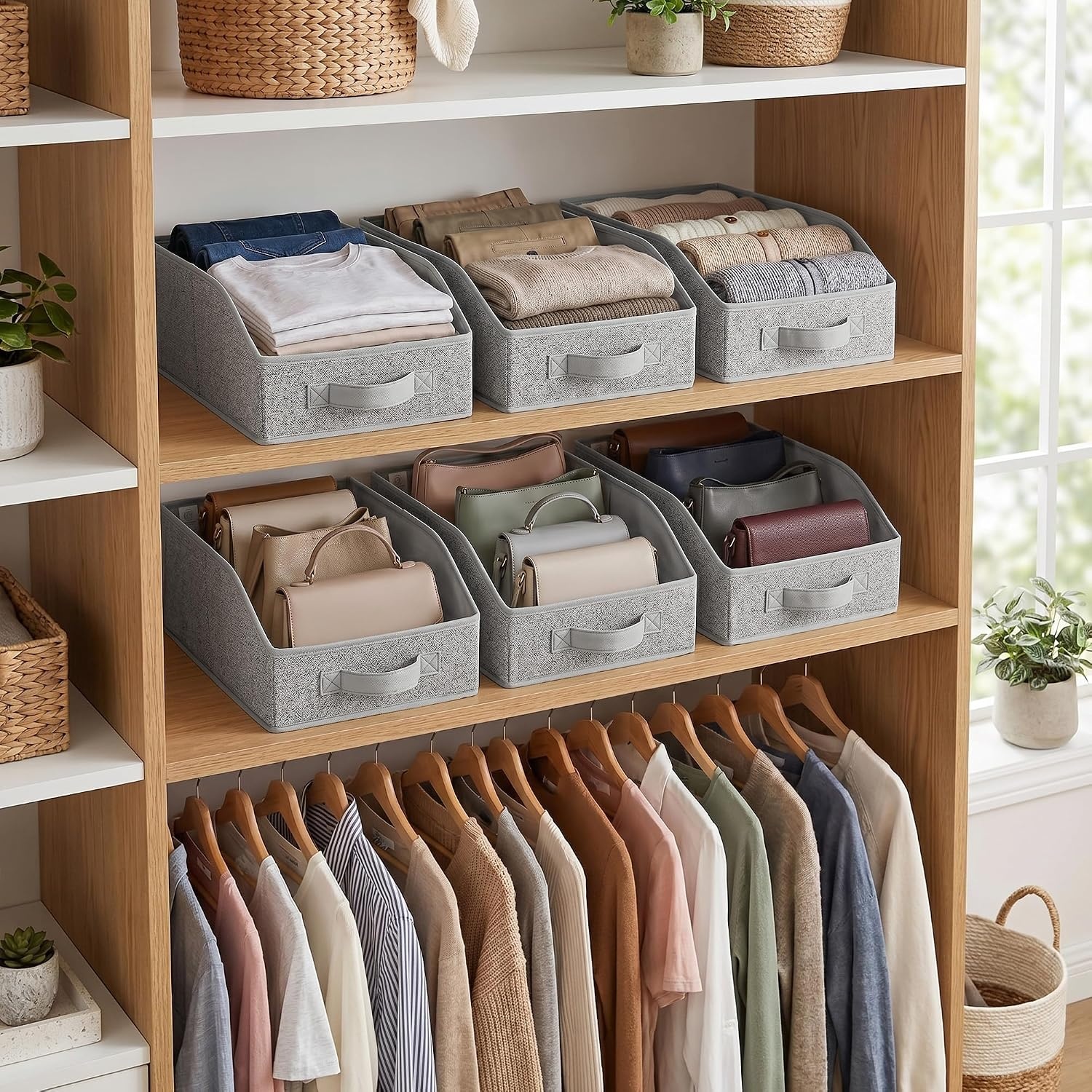 image:imageGRANNY SAYS Purse Organizer for Closet Trapezoid Storage Bins Closet Shelf Organizer Storage Baskets for Shelves Fabric Clothing Organizer Closet Organizers and Storage Gray 3PackAsh Gray