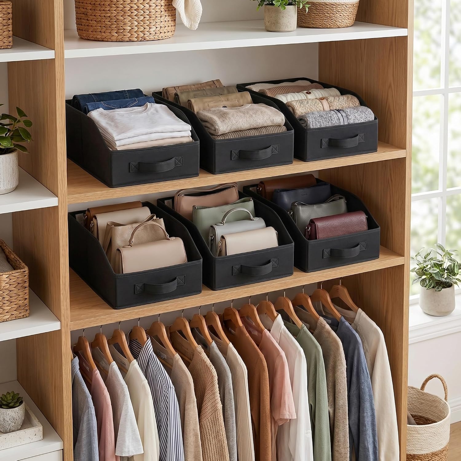 image:imageGRANNY SAYS Purse Organizer for Closet Trapezoid Storage Bins Closet Shelf Organizer Storage Baskets for Shelves Fabric Clothing Organizer Closet Organizers and Storage Gray 3PackBlack