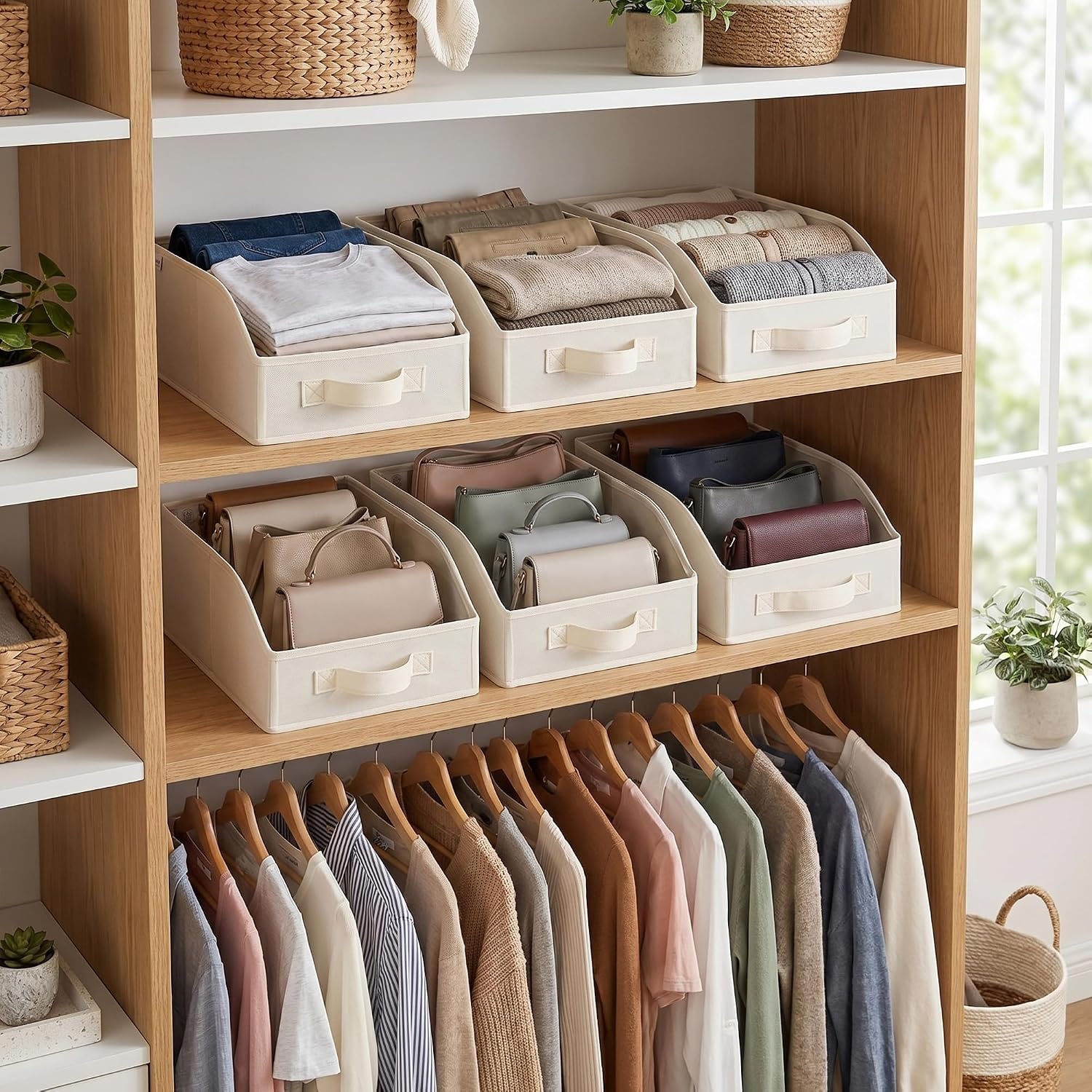 image:imageGRANNY SAYS Purse Organizer for Closet Trapezoid Storage Bins Closet Shelf Organizer Storage Baskets for Shelves Fabric Clothing Organizer Closet Organizers and Storage Gray 3PackPearl White