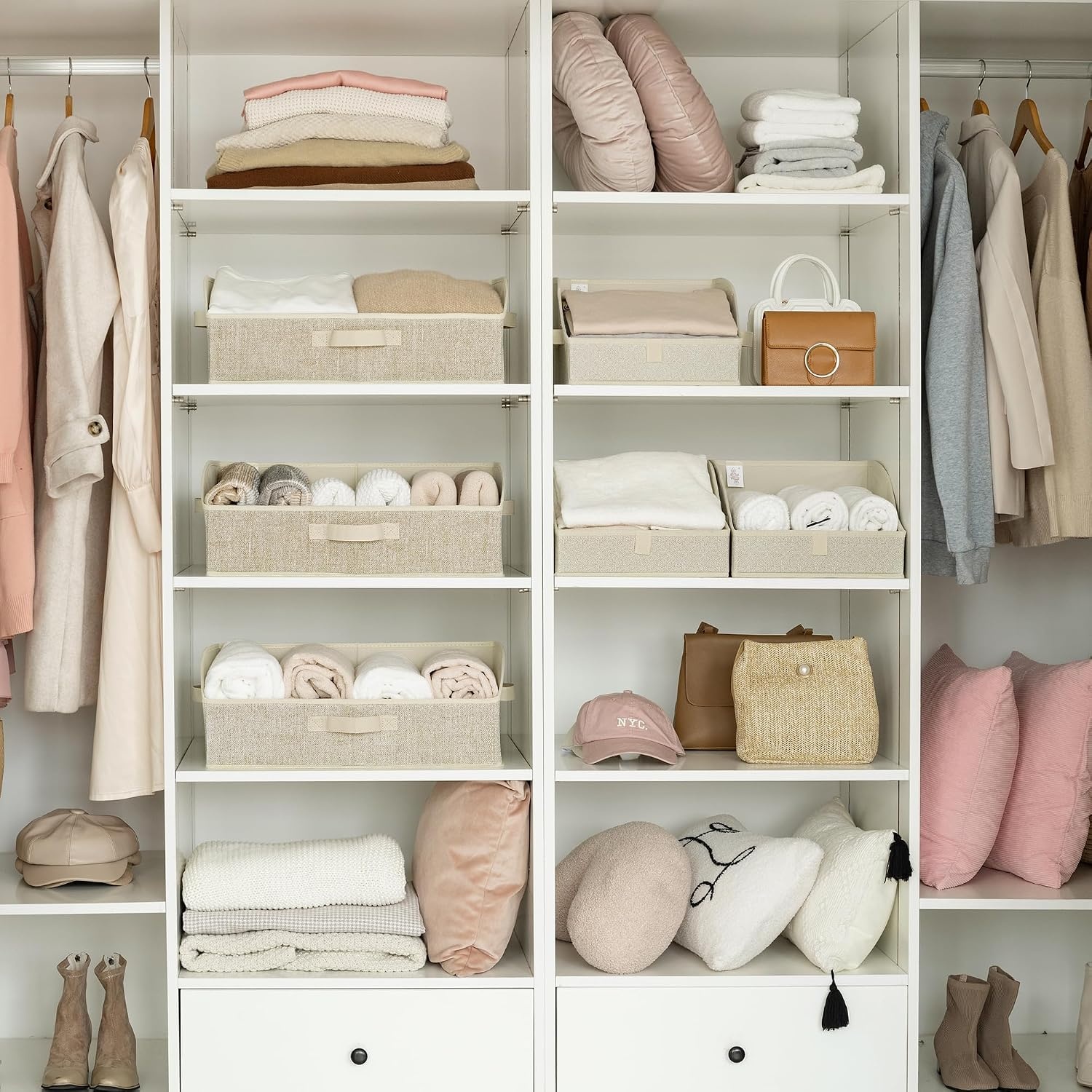image:imageGRANNY SAYS Purse Organizer for Closet Trapezoid Storage Bins Closet Shelf Organizer Storage Baskets for Shelves Fabric Clothing Organizer Closet Organizers and Storage Gray 3PackHoney Beige