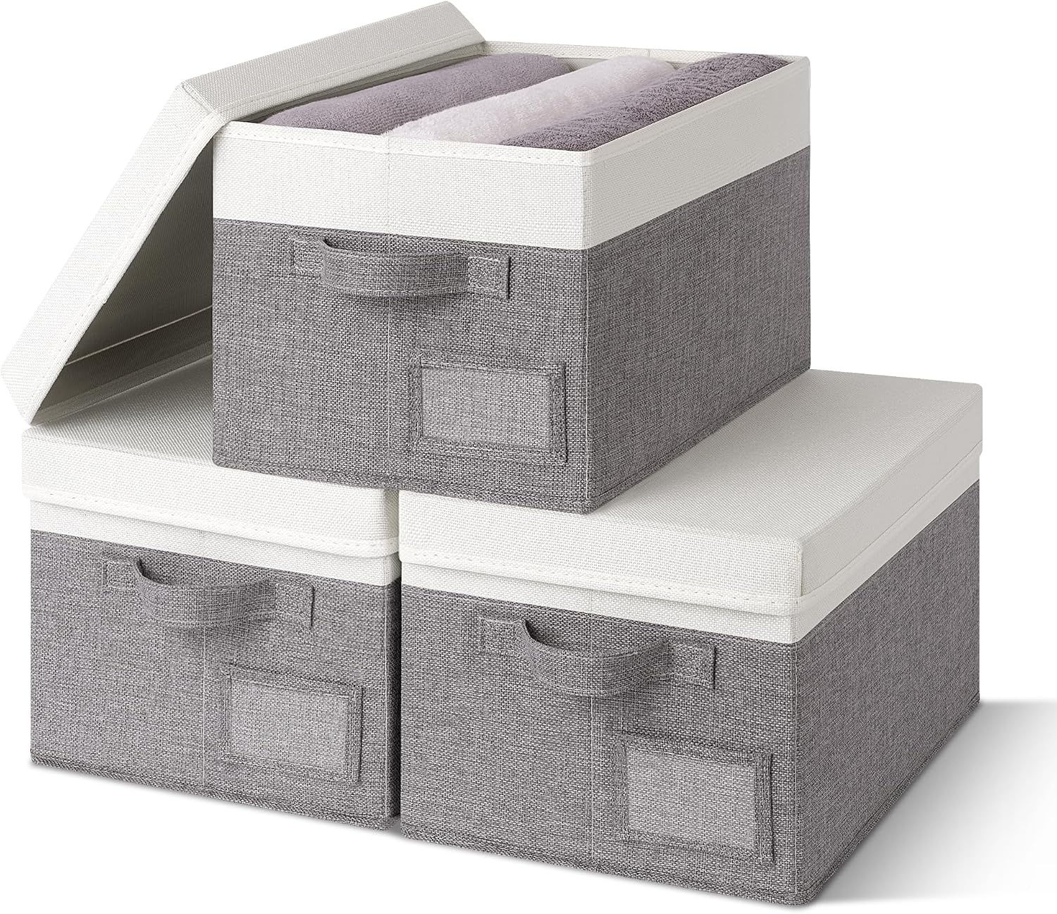 image:imageGRANNY SAYS Storage Basket with Lid Linen Fabric Storage Bins with Label Decorative Storage Boxes Clothes Storage and Organization Memory Keepsake Box 3Pack Medium KhakiampIvoryWhiteGray