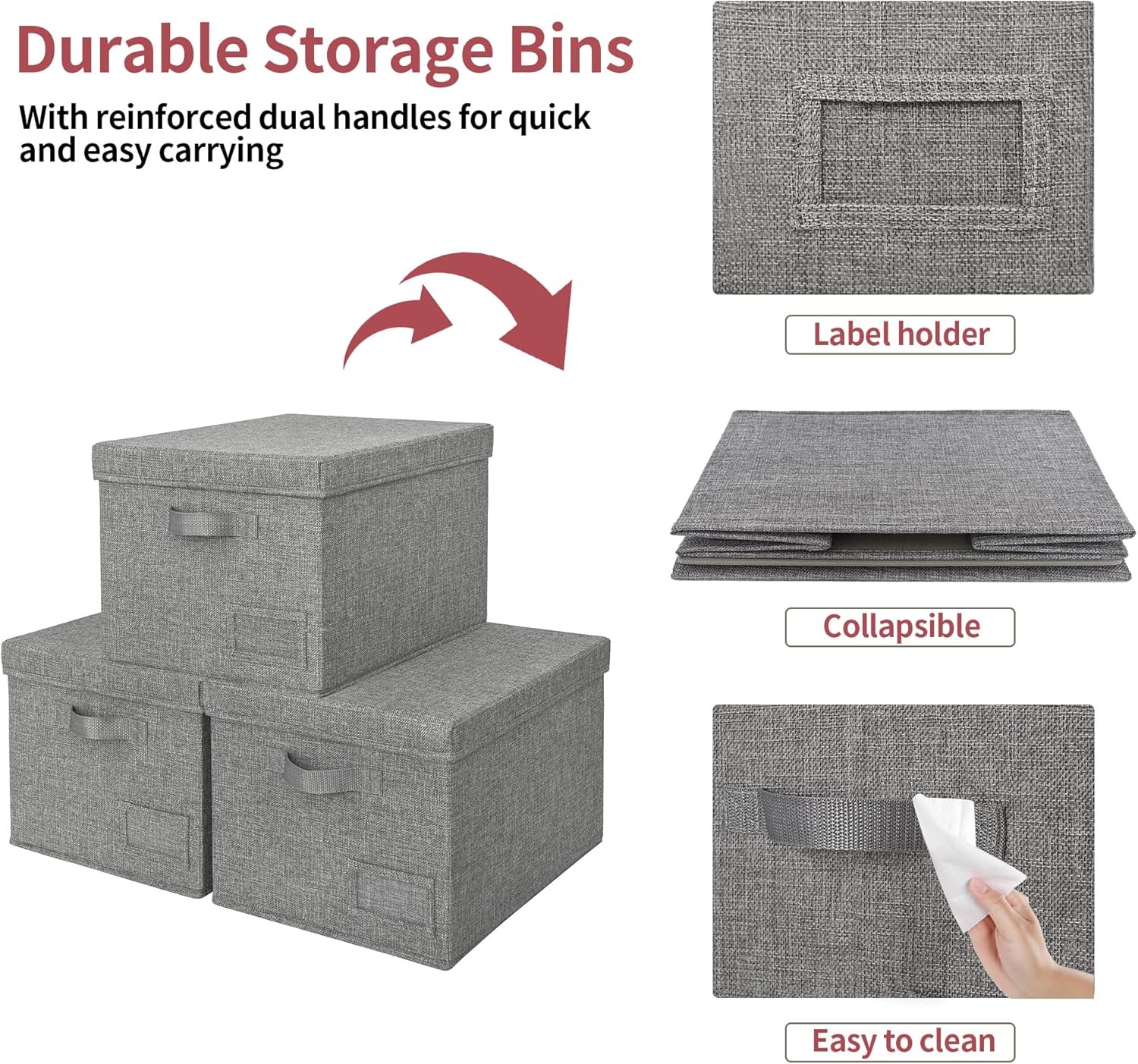 image:imageGRANNY SAYS Storage Basket with Lid Linen Fabric Storage Bins with Label Decorative Storage Boxes Clothes Storage and Organization Memory Keepsake Box 3Pack Medium KhakiampIvoryDark Gray