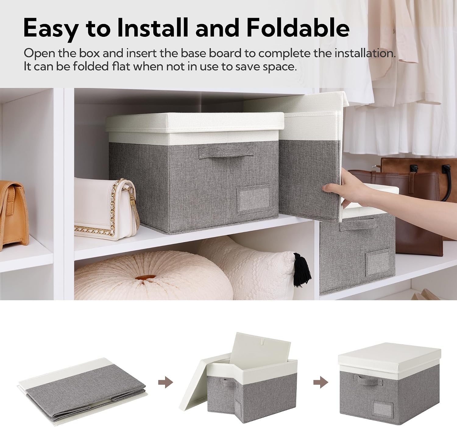 image:imageGRANNY SAYS Storage Basket with Lid Linen Fabric Storage Bins with Label Decorative Storage Boxes Clothes Storage and Organization Memory Keepsake Box 3Pack Medium KhakiampIvoryWhiteGray