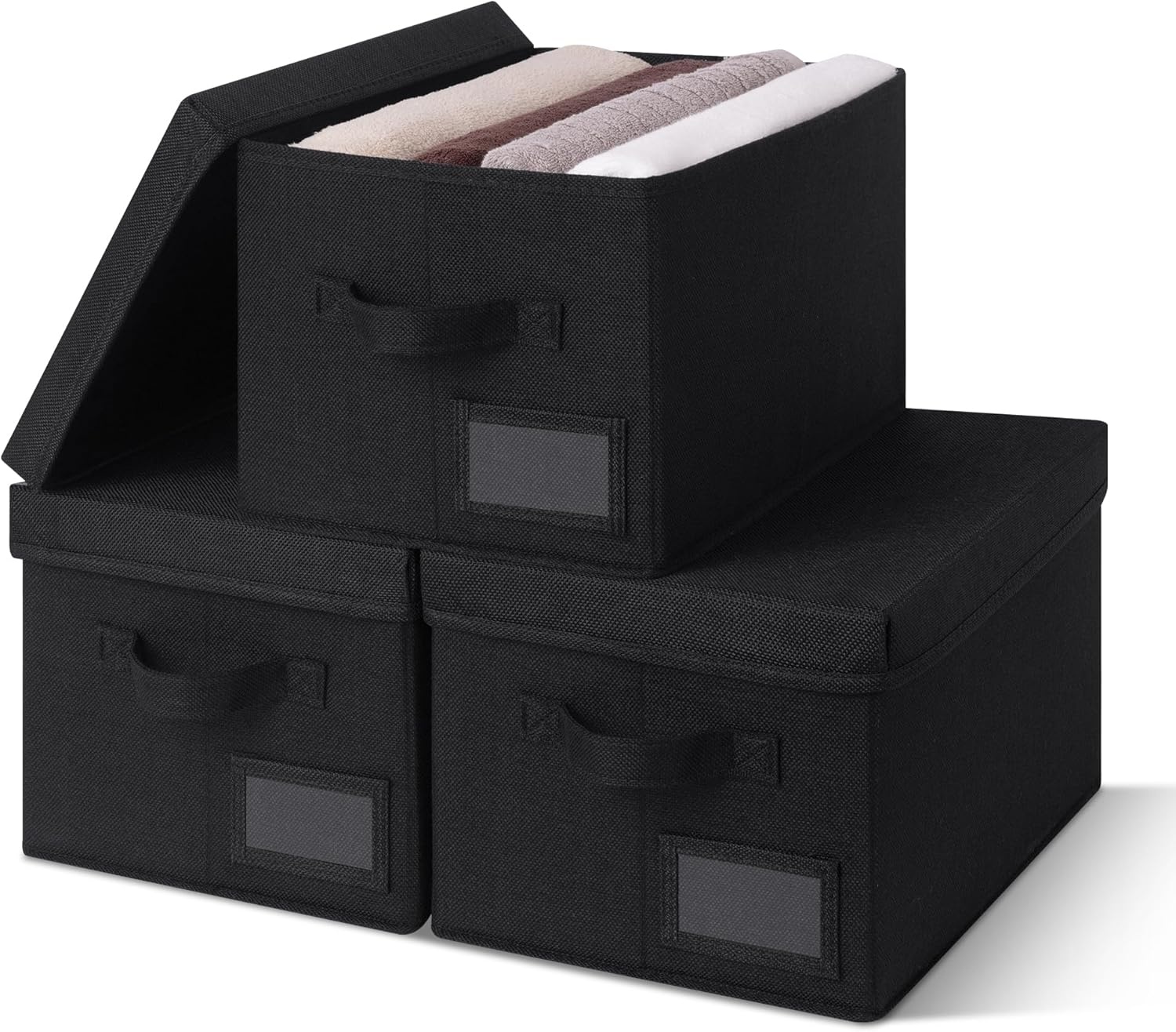 image:imageGRANNY SAYS Storage Basket with Lid Linen Fabric Storage Bins with Label Decorative Storage Boxes Clothes Storage and Organization Memory Keepsake Box 3Pack Medium KhakiampIvoryBlack