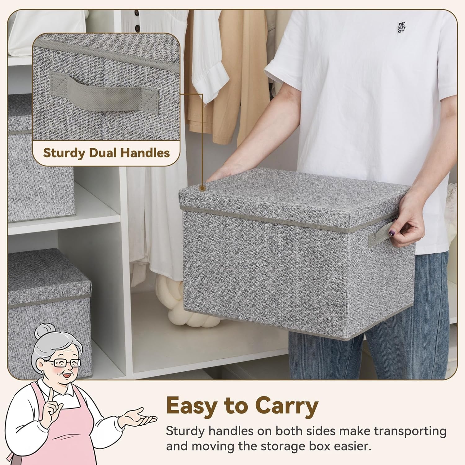 image:imageGRANNY SAYS Storage Basket with Lid Linen Fabric Storage Bins with Label Decorative Storage Boxes Clothes Storage and Organization Memory Keepsake Box 3Pack Medium KhakiampIvoryAsh Gray