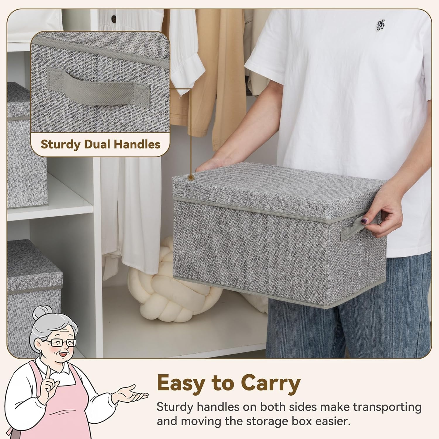 image:imageGRANNY SAYS Storage Basket with Lid Linen Fabric Storage Bins with Label Decorative Storage Boxes Clothes Storage and Organization Memory Keepsake Box 3Pack Medium KhakiampIvoryAsh Gray