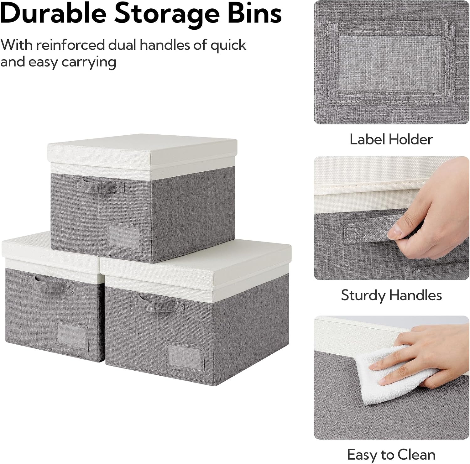 image:imageGRANNY SAYS Storage Basket with Lid Linen Fabric Storage Bins with Label Decorative Storage Boxes Clothes Storage and Organization Memory Keepsake Box 3Pack Medium KhakiampIvoryWhiteGray