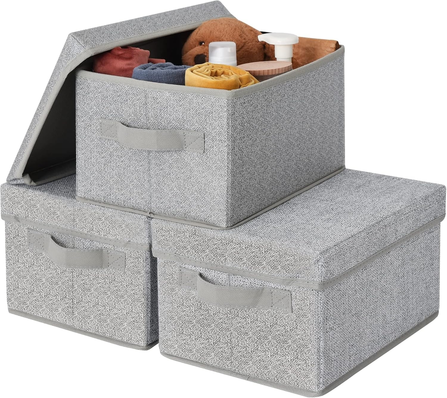 image:imageGRANNY SAYS Storage Basket with Lid Linen Fabric Storage Bins with Label Decorative Storage Boxes Clothes Storage and Organization Memory Keepsake Box 3Pack Medium KhakiampIvoryAsh Gray
