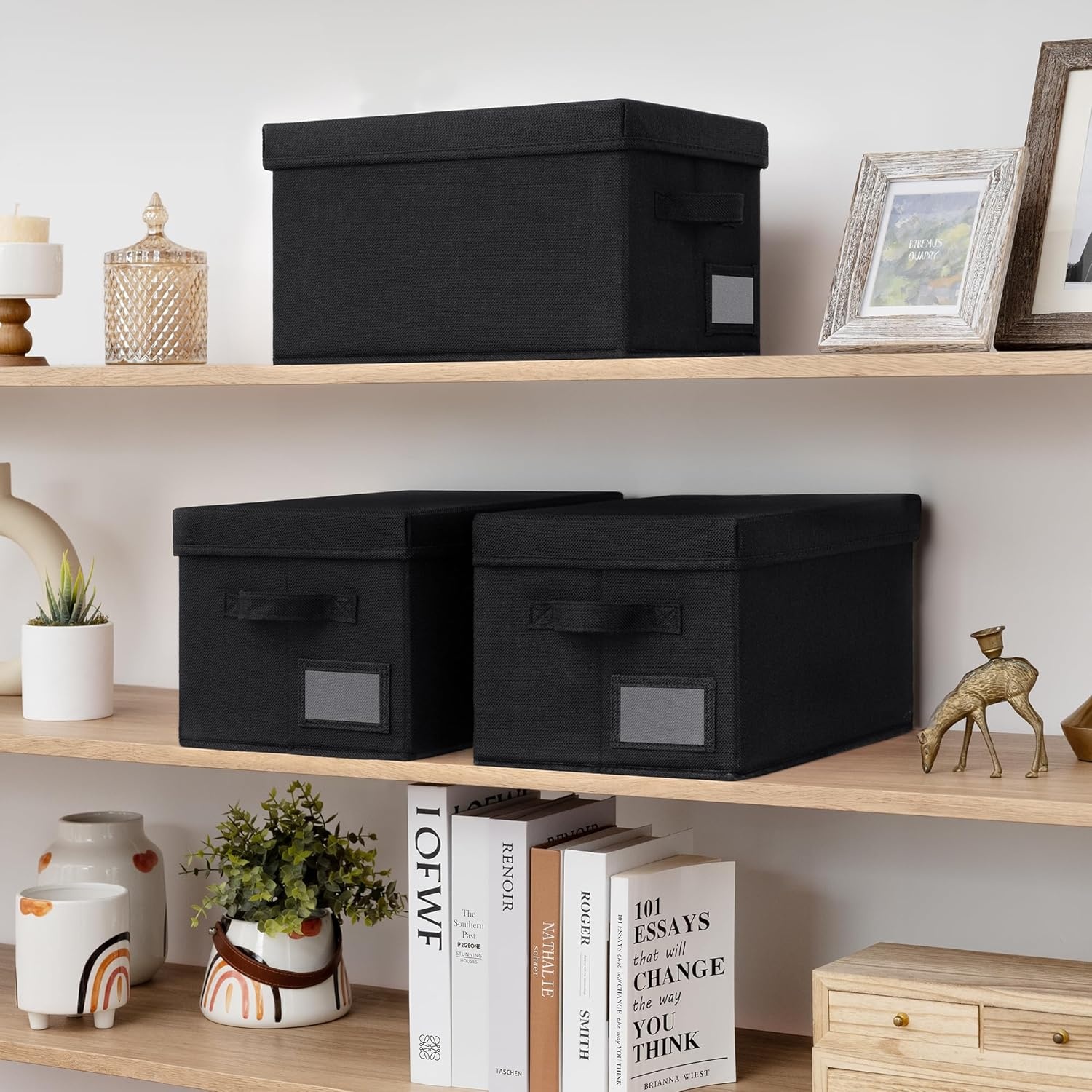 image:imageGRANNY SAYS Storage Basket with Lid Linen Fabric Storage Bins with Label Decorative Storage Boxes Clothes Storage and Organization Memory Keepsake Box 3Pack Medium KhakiampIvoryBlack