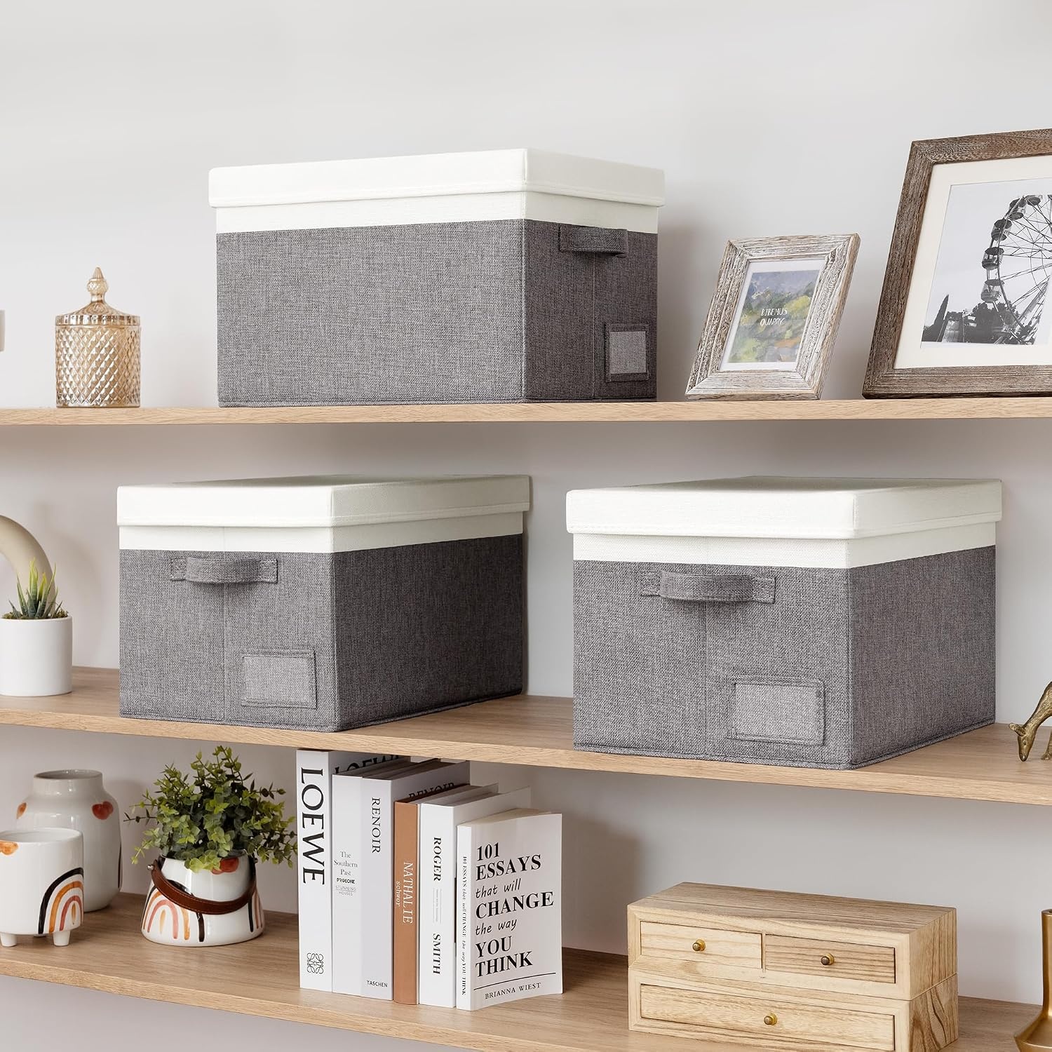 image:imageGRANNY SAYS Storage Basket with Lid Linen Fabric Storage Bins with Label Decorative Storage Boxes Clothes Storage and Organization Memory Keepsake Box 3Pack Medium KhakiampIvoryWhiteGray
