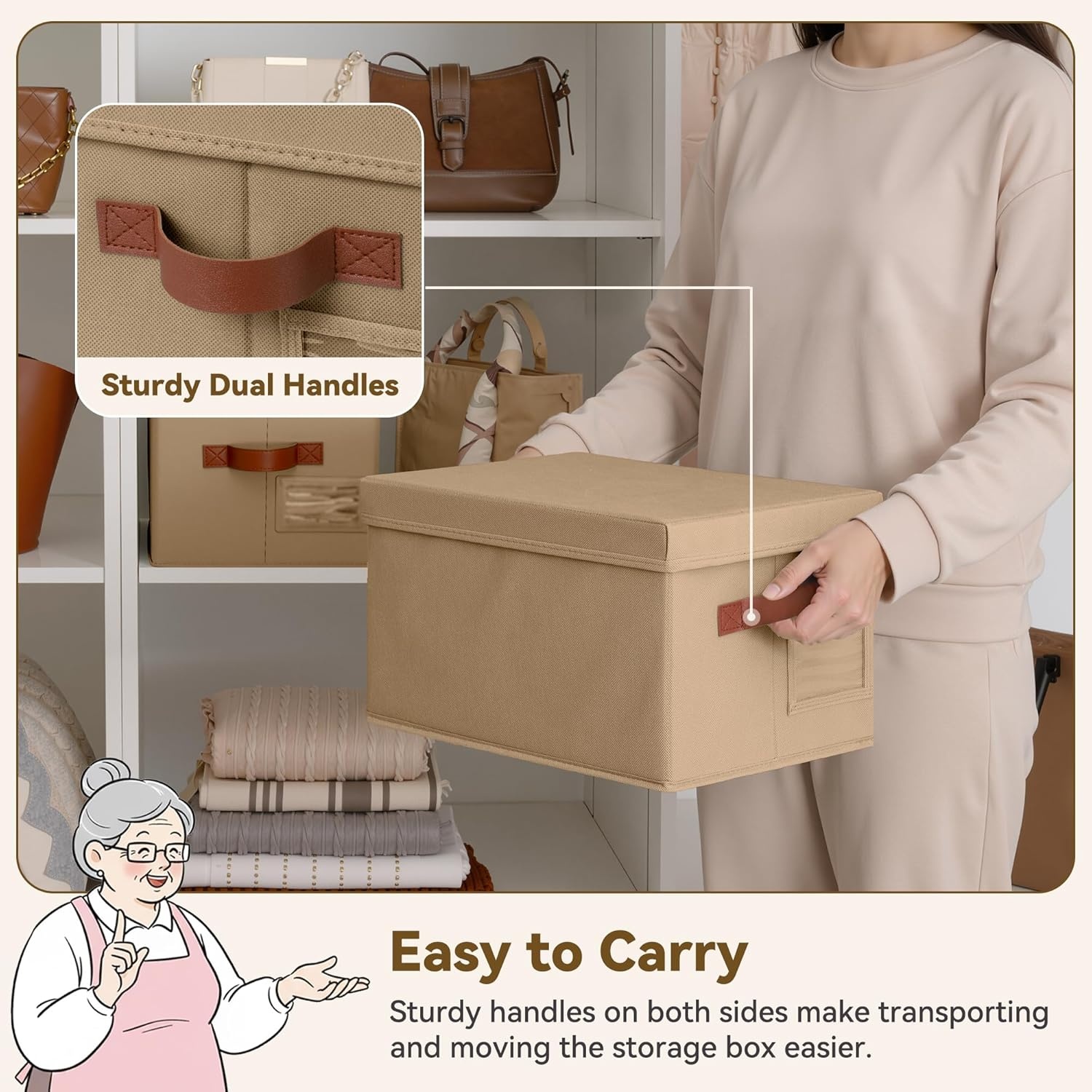 image:imageGRANNY SAYS Storage Basket with Lid Linen Fabric Storage Bins with Label Decorative Storage Boxes Clothes Storage and Organization Memory Keepsake Box 3Pack Medium KhakiampIvoryBrown