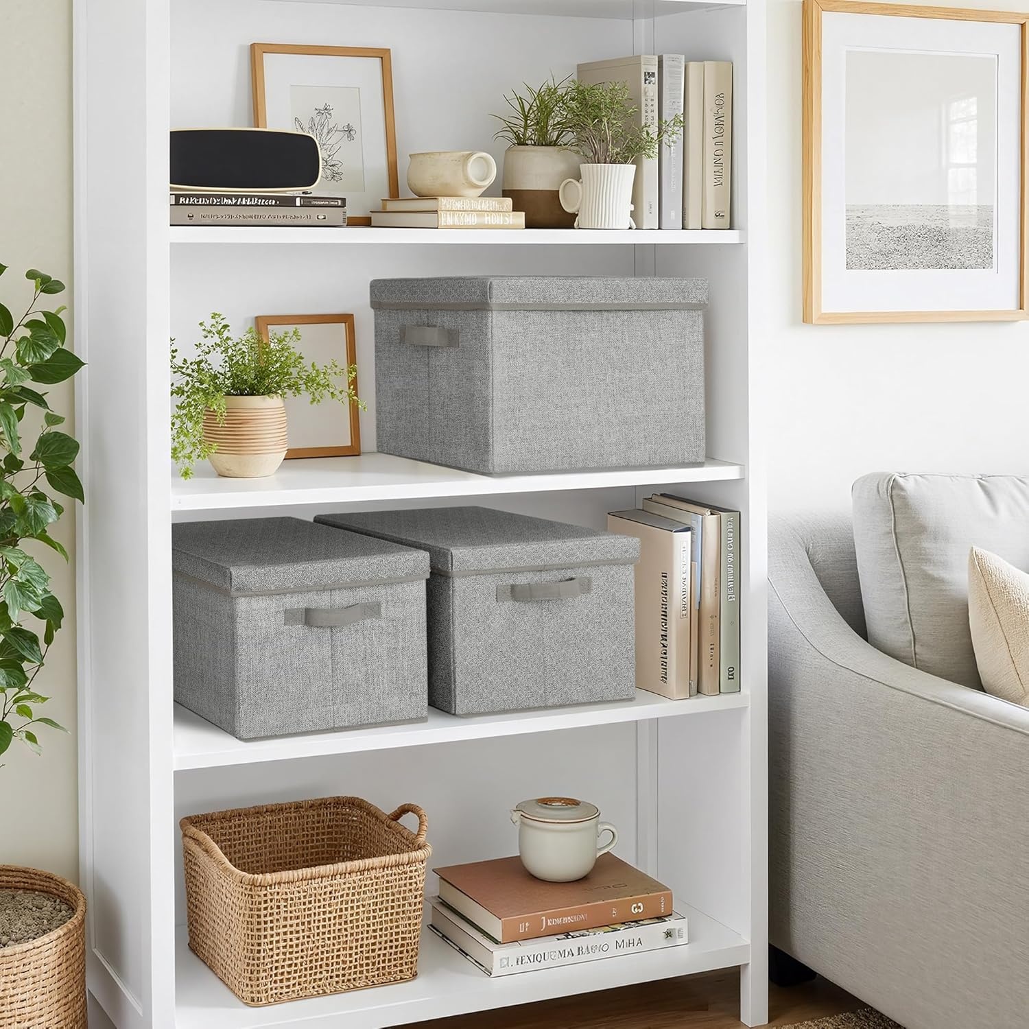 image:imageGRANNY SAYS Storage Basket with Lid Linen Fabric Storage Bins with Label Decorative Storage Boxes Clothes Storage and Organization Memory Keepsake Box 3Pack Medium KhakiampIvoryAsh Gray
