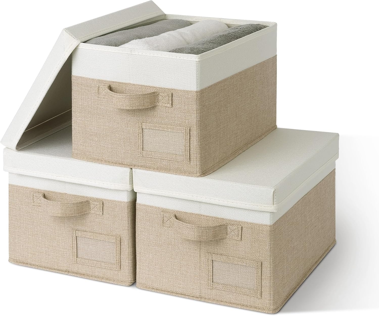 image:imageGRANNY SAYS Storage Basket with Lid Linen Fabric Storage Bins with Label Decorative Storage Boxes Clothes Storage and Organization Memory Keepsake Box 3Pack Medium KhakiampIvoryWhiteKhaki