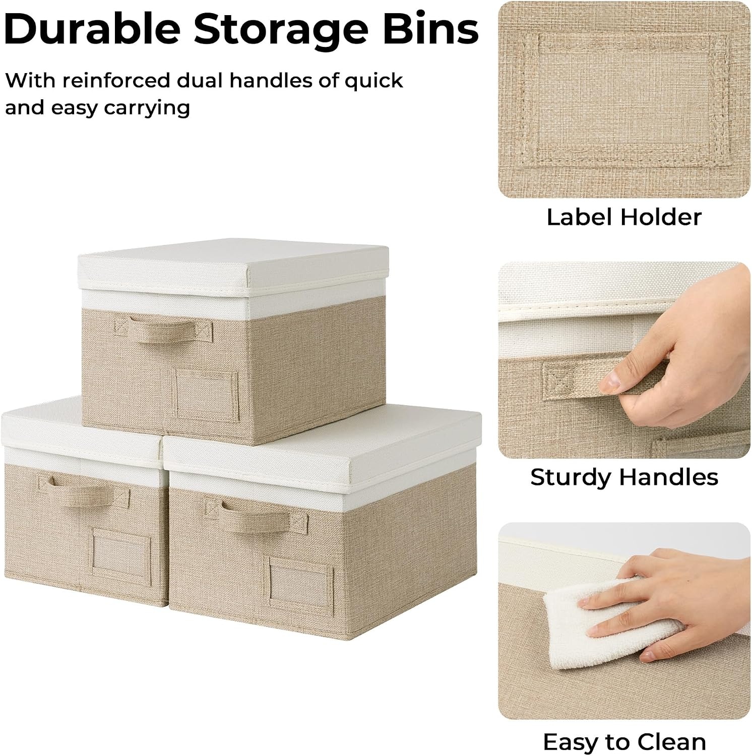 image:imageGRANNY SAYS Storage Basket with Lid Linen Fabric Storage Bins with Label Decorative Storage Boxes Clothes Storage and Organization Memory Keepsake Box 3Pack Medium KhakiampIvoryWhiteKhaki