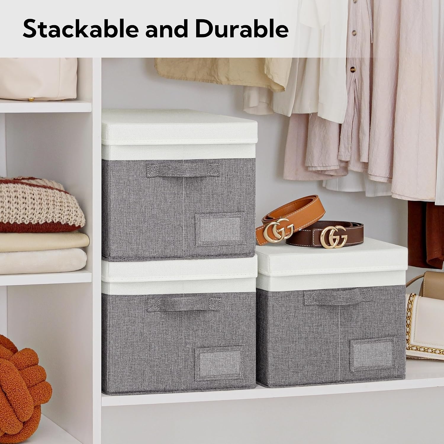 image:imageGRANNY SAYS Storage Basket with Lid Linen Fabric Storage Bins with Label Decorative Storage Boxes Clothes Storage and Organization Memory Keepsake Box 3Pack Medium KhakiampIvoryWhiteGray