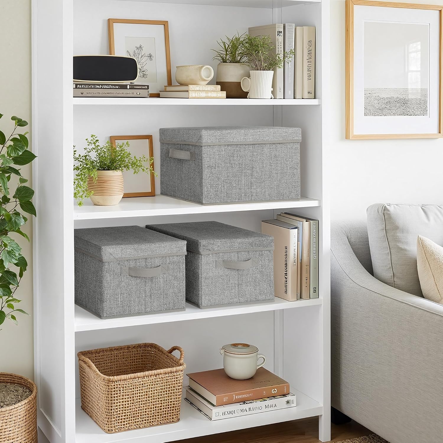 image:imageGRANNY SAYS Storage Basket with Lid Linen Fabric Storage Bins with Label Decorative Storage Boxes Clothes Storage and Organization Memory Keepsake Box 3Pack Medium KhakiampIvoryAsh Gray