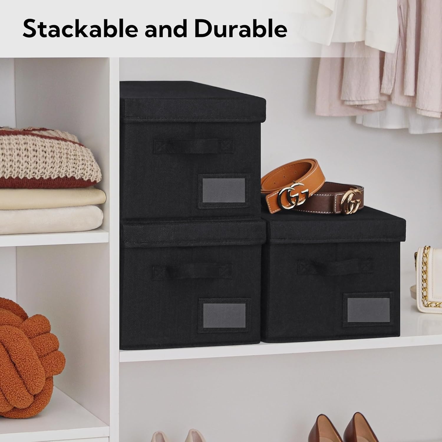 image:imageGRANNY SAYS Storage Basket with Lid Linen Fabric Storage Bins with Label Decorative Storage Boxes Clothes Storage and Organization Memory Keepsake Box 3Pack Medium KhakiampIvoryBlack