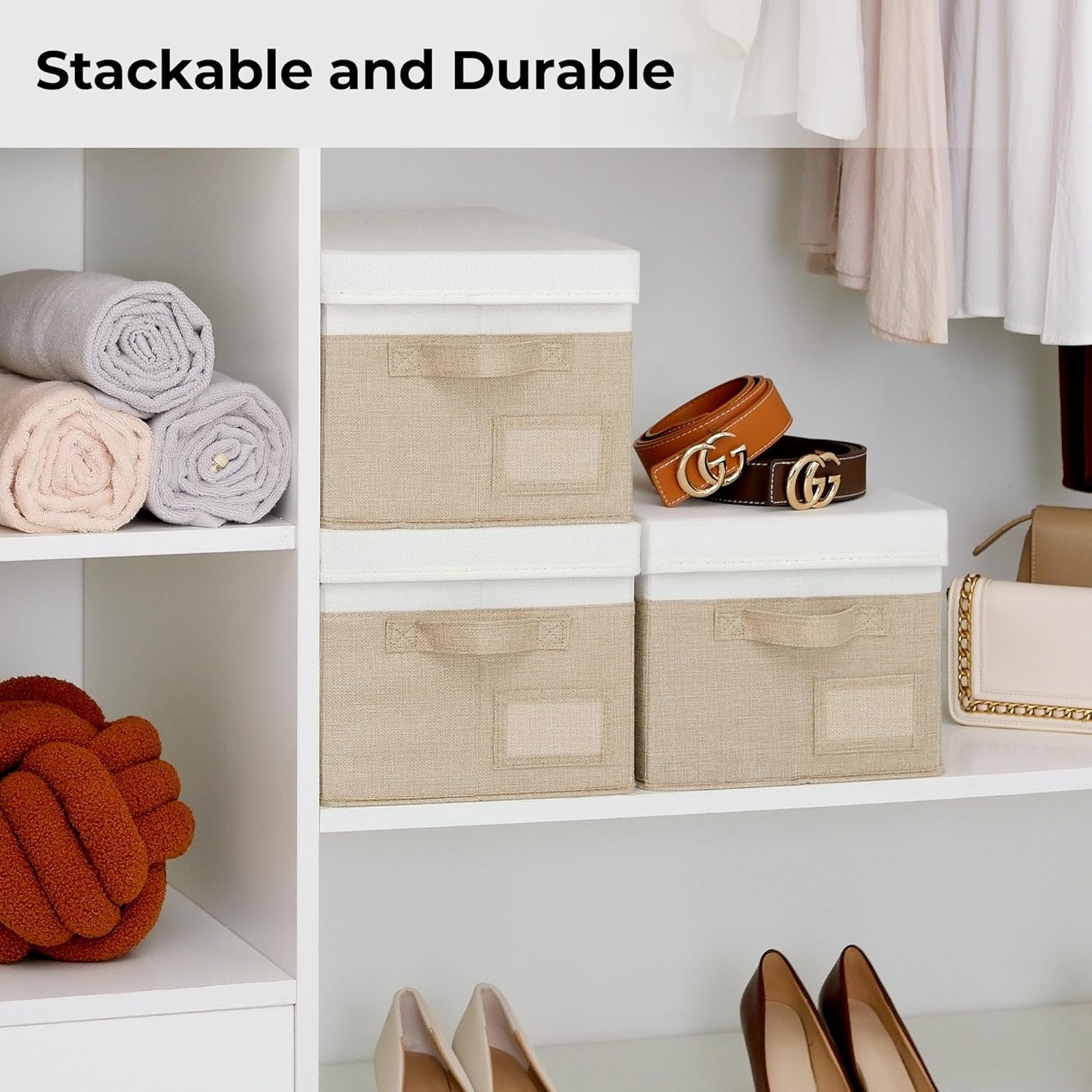 image:imageGRANNY SAYS Storage Basket with Lid Linen Fabric Storage Bins with Label Decorative Storage Boxes Clothes Storage and Organization Memory Keepsake Box 3Pack Medium KhakiampIvoryWhiteKhaki