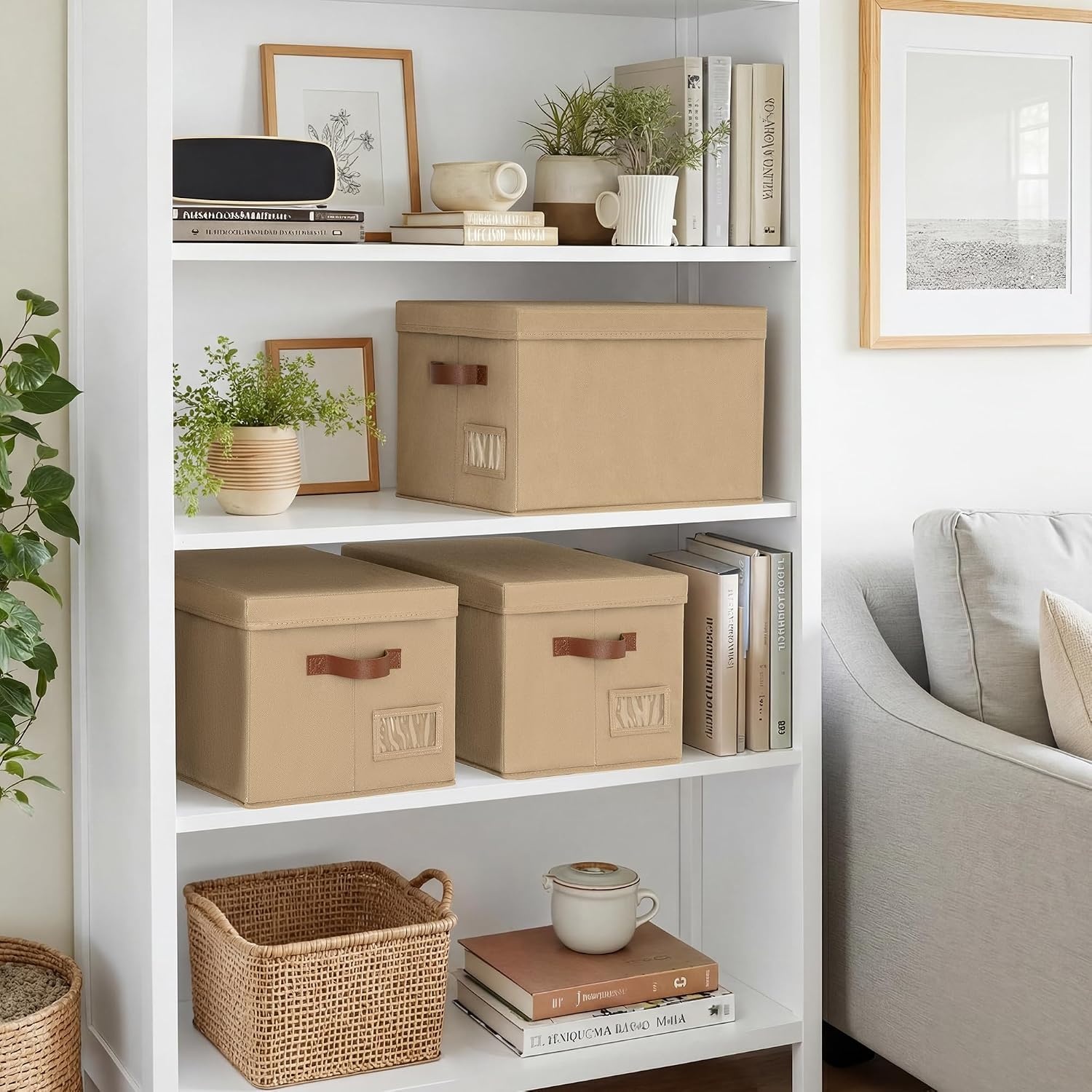 image:imageGRANNY SAYS Storage Basket with Lid Linen Fabric Storage Bins with Label Decorative Storage Boxes Clothes Storage and Organization Memory Keepsake Box 3Pack Medium KhakiampIvoryBrown