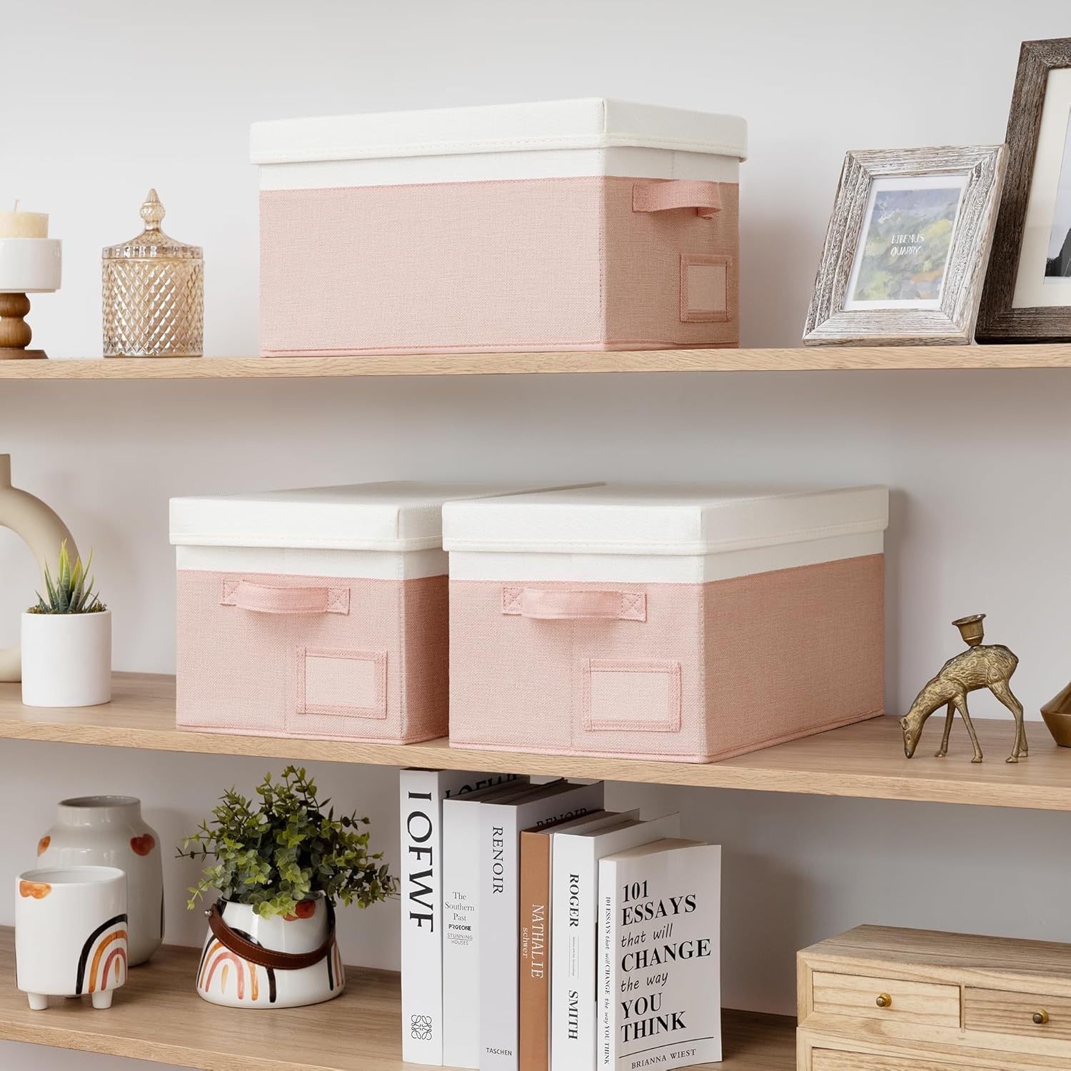 image:imageGRANNY SAYS Storage Basket with Lid Linen Fabric Storage Bins with Label Decorative Storage Boxes Clothes Storage and Organization Memory Keepsake Box 3Pack Medium KhakiampIvoryWhitePink