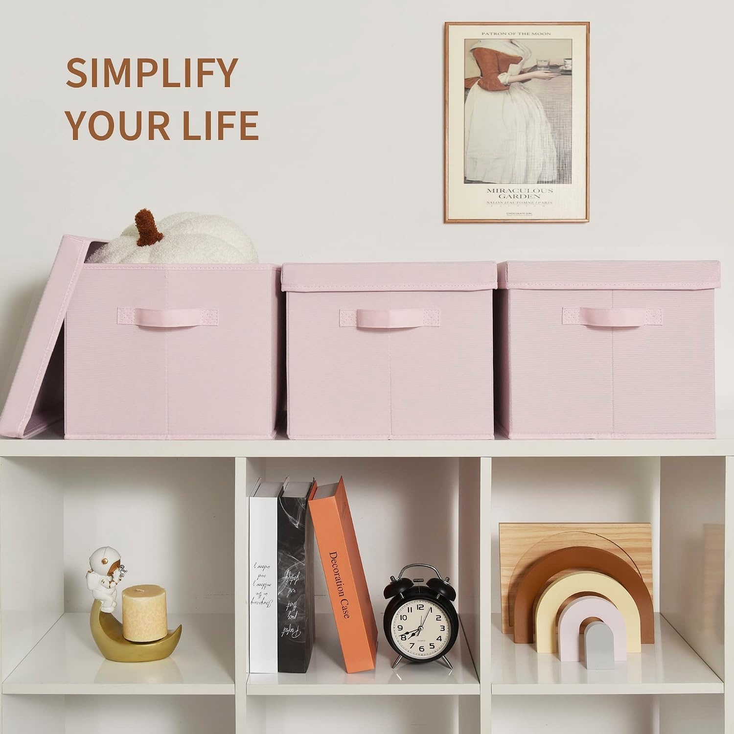 image:imageGRANNY SAYS Storage Basket with Lid Linen Fabric Storage Bins with Label Decorative Storage Boxes Clothes Storage and Organization Memory Keepsake Box 3Pack Medium KhakiampIvoryPink