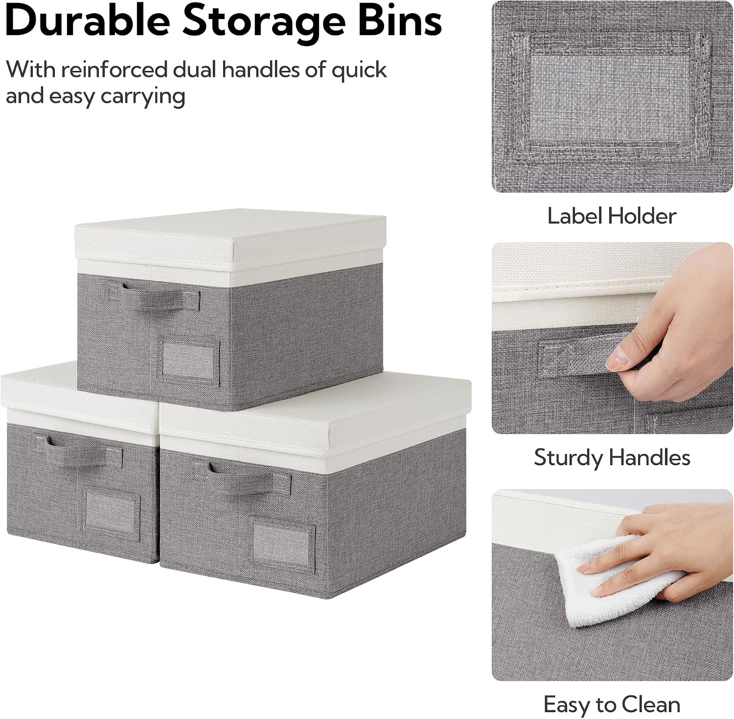 image:imageGRANNY SAYS Storage Basket with Lid Linen Fabric Storage Bins with Label Decorative Storage Boxes Clothes Storage and Organization Memory Keepsake Box 3Pack Medium KhakiampIvoryWhiteGray