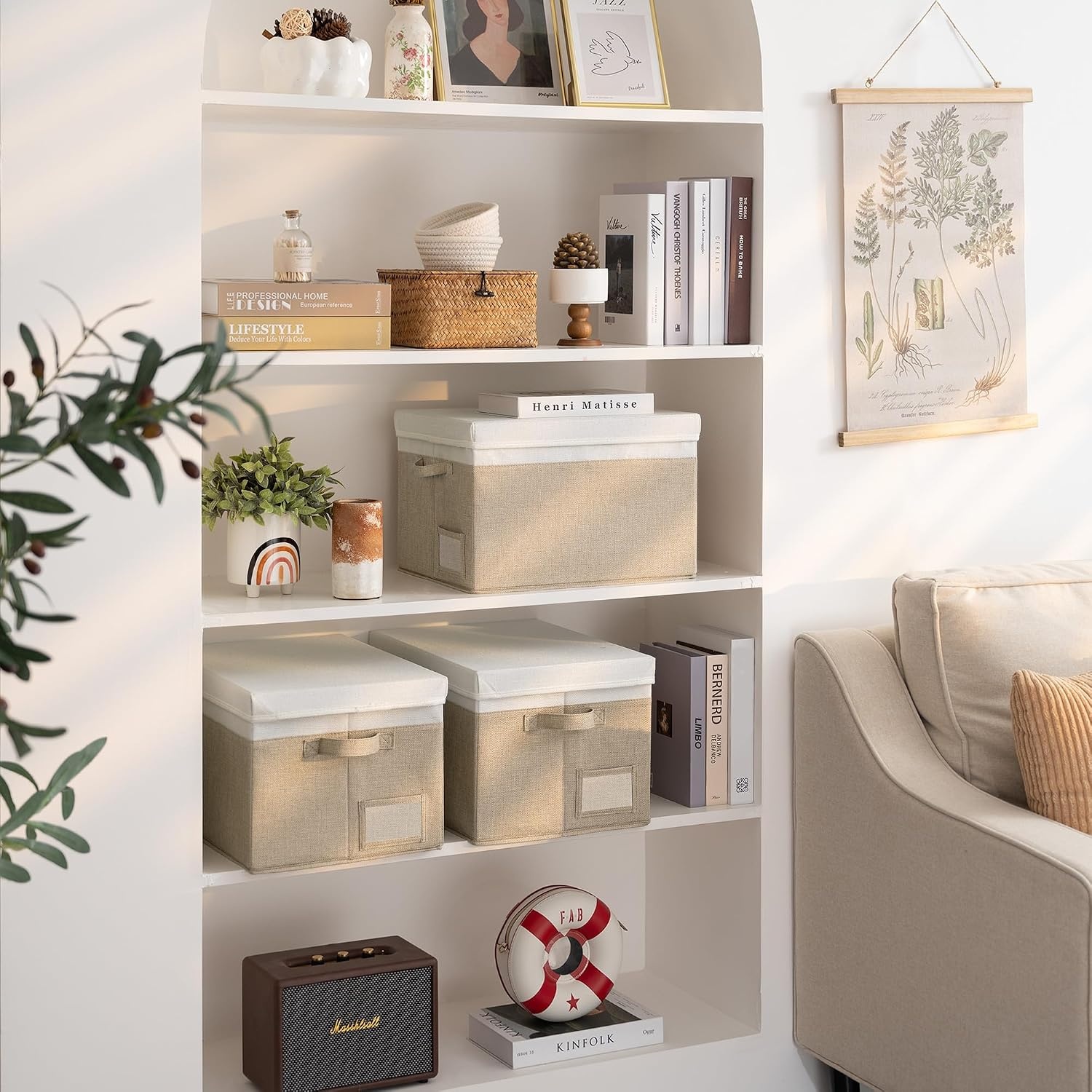 image:imageGRANNY SAYS Storage Basket with Lid Linen Fabric Storage Bins with Label Decorative Storage Boxes Clothes Storage and Organization Memory Keepsake Box 3Pack Medium KhakiampIvoryWhiteKhaki