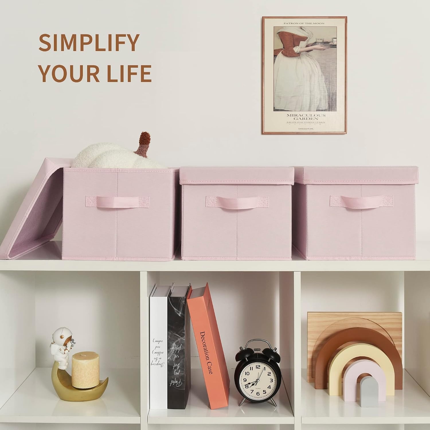 image:imageGRANNY SAYS Storage Basket with Lid Linen Fabric Storage Bins with Label Decorative Storage Boxes Clothes Storage and Organization Memory Keepsake Box 3Pack Medium KhakiampIvoryPink