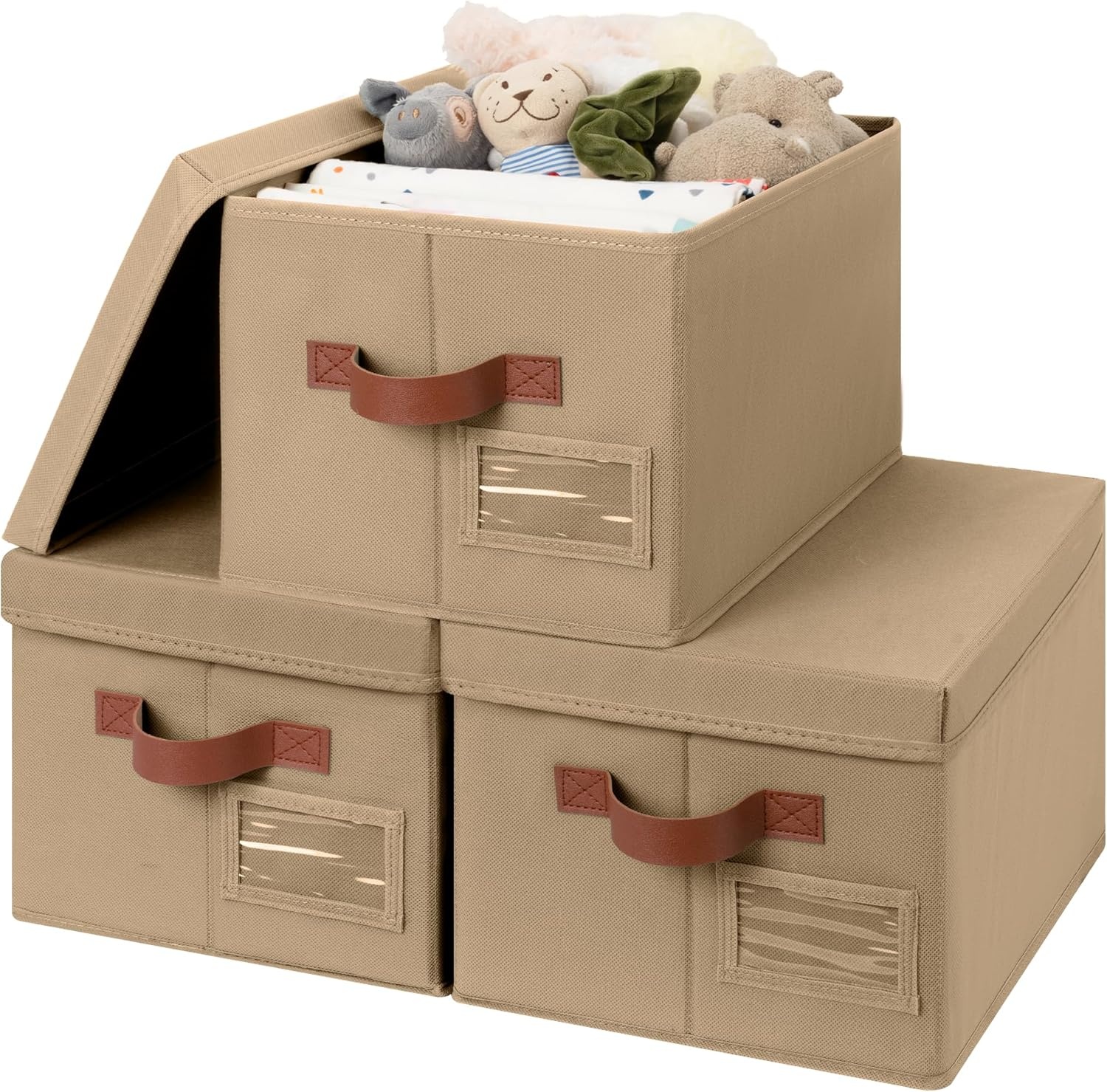 image:imageGRANNY SAYS Storage Basket with Lid Linen Fabric Storage Bins with Label Decorative Storage Boxes Clothes Storage and Organization Memory Keepsake Box 3Pack Medium KhakiampIvoryBrown