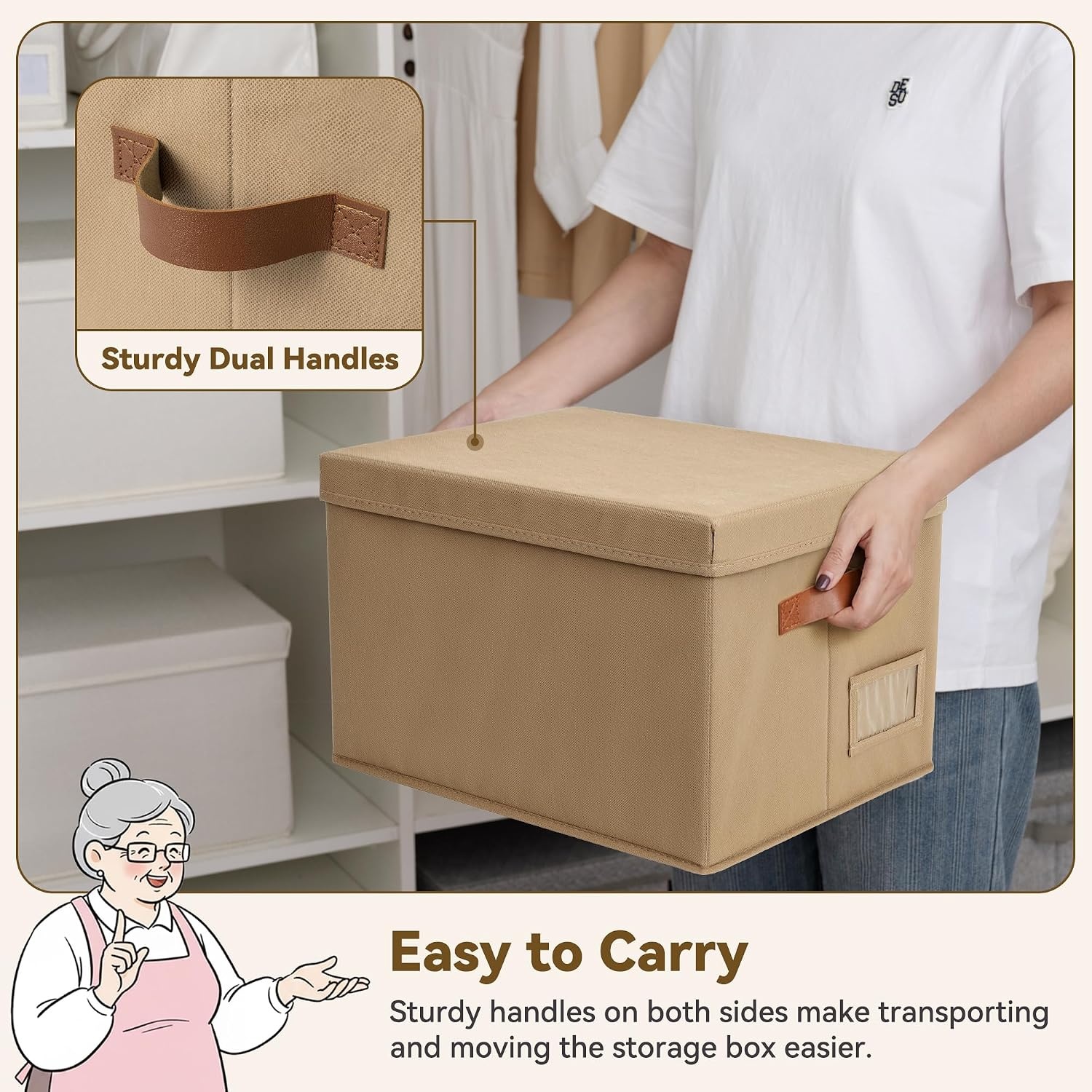 image:imageGRANNY SAYS Storage Basket with Lid Linen Fabric Storage Bins with Label Decorative Storage Boxes Clothes Storage and Organization Memory Keepsake Box 3Pack Medium KhakiampIvoryBrown