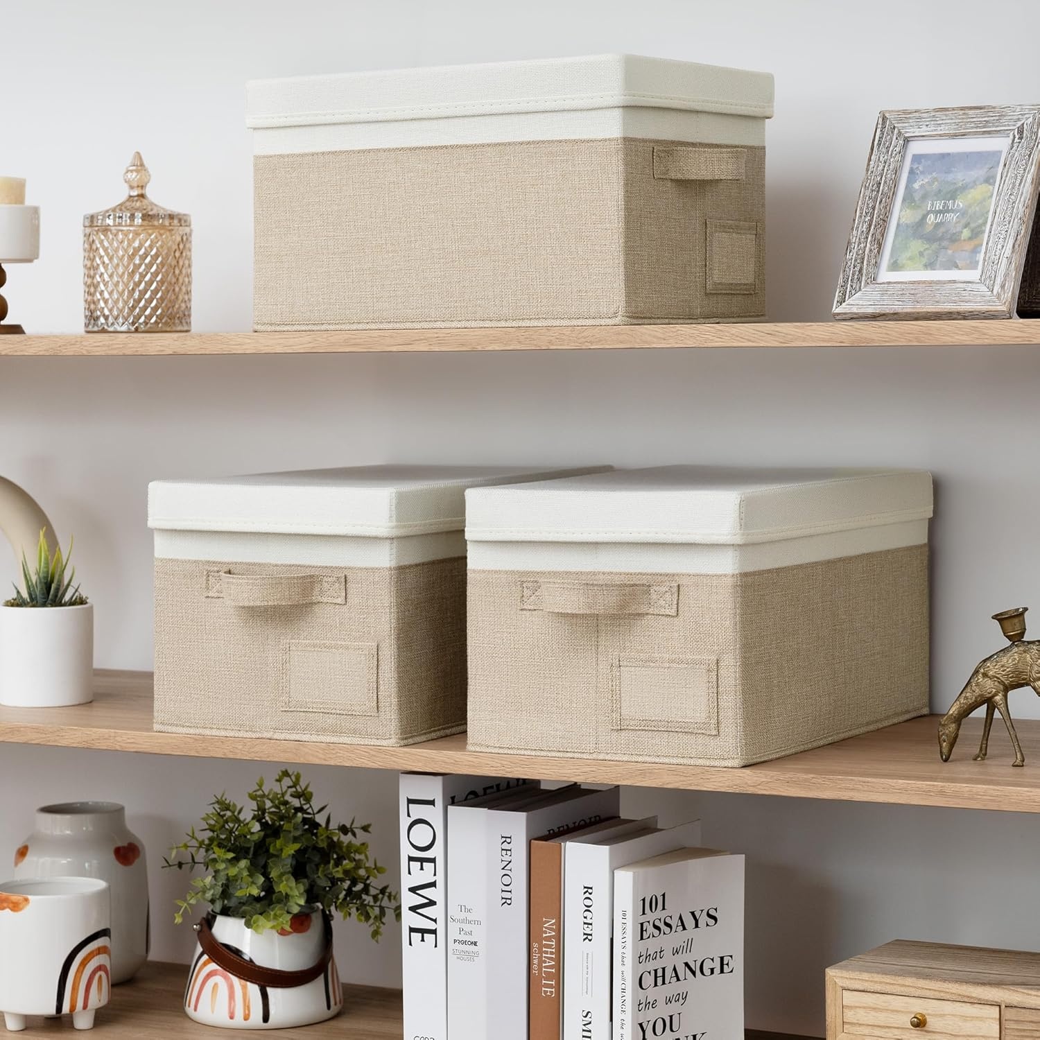 image:imageGRANNY SAYS Storage Basket with Lid Linen Fabric Storage Bins with Label Decorative Storage Boxes Clothes Storage and Organization Memory Keepsake Box 3Pack Medium KhakiampIvoryWhiteKhaki