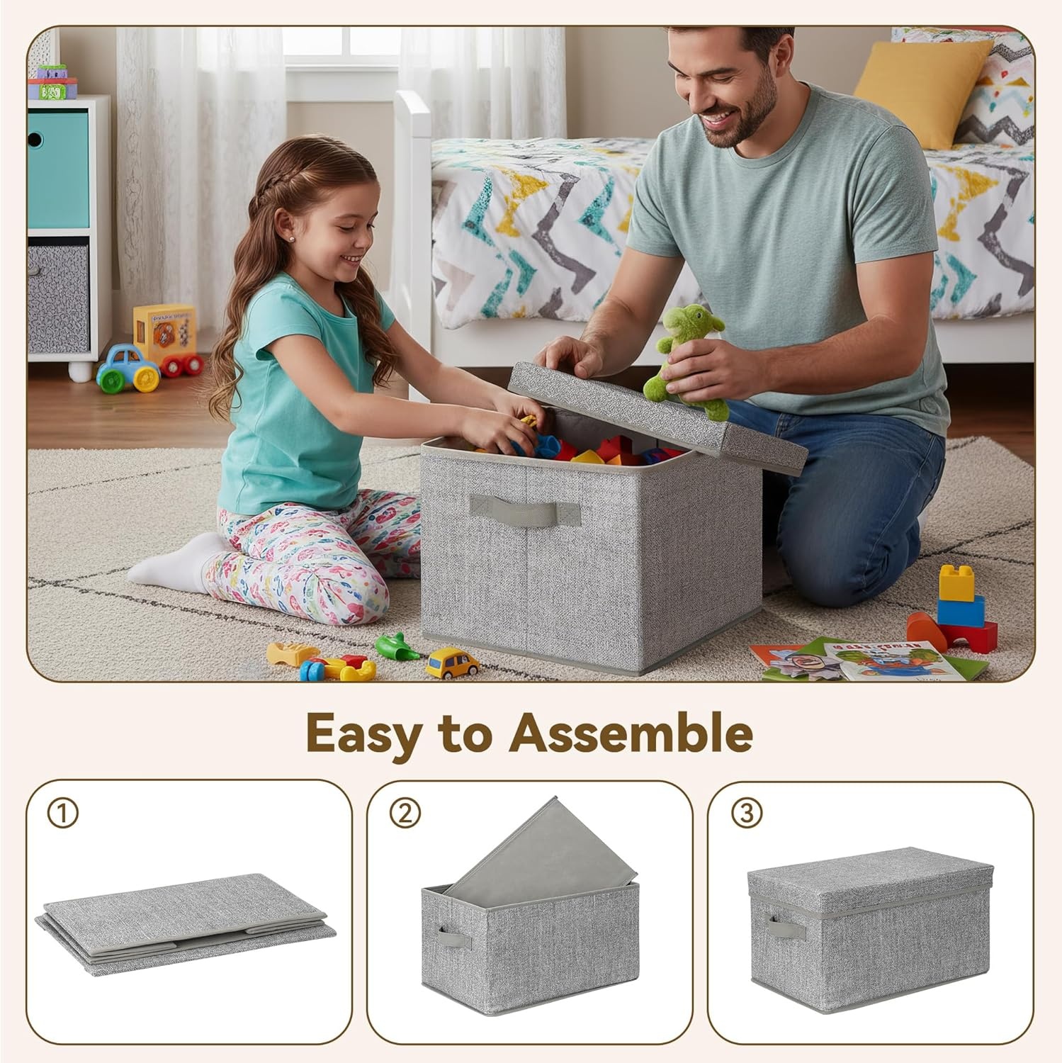 image:imageGRANNY SAYS Storage Basket with Lid Linen Fabric Storage Bins with Label Decorative Storage Boxes Clothes Storage and Organization Memory Keepsake Box 3Pack Medium KhakiampIvoryAsh Gray