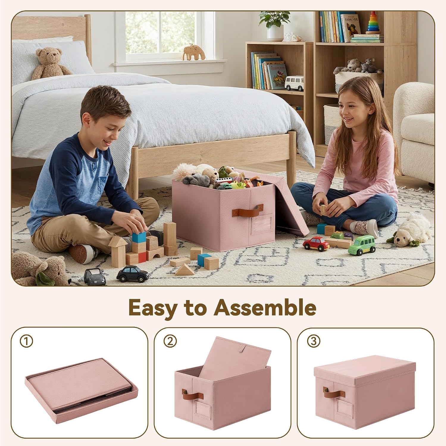 image:imageGRANNY SAYS Storage Basket with Lid Linen Fabric Storage Bins with Label Decorative Storage Boxes Clothes Storage and Organization Memory Keepsake Box 3Pack Medium KhakiampIvoryPinkBrown