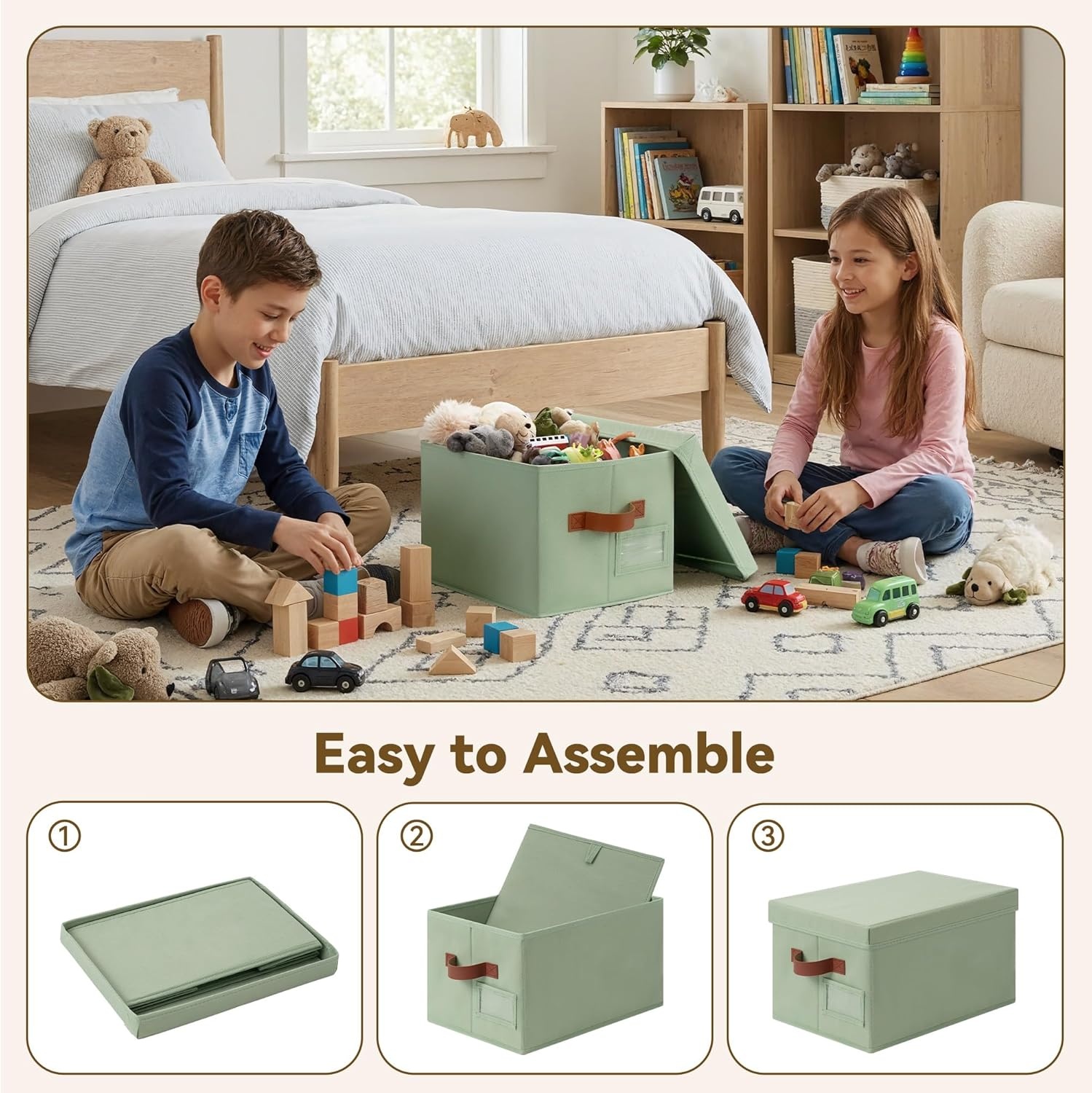 image:imageGRANNY SAYS Storage Basket with Lid Linen Fabric Storage Bins with Label Decorative Storage Boxes Clothes Storage and Organization Memory Keepsake Box 3Pack Medium KhakiampIvoryGreenBrown