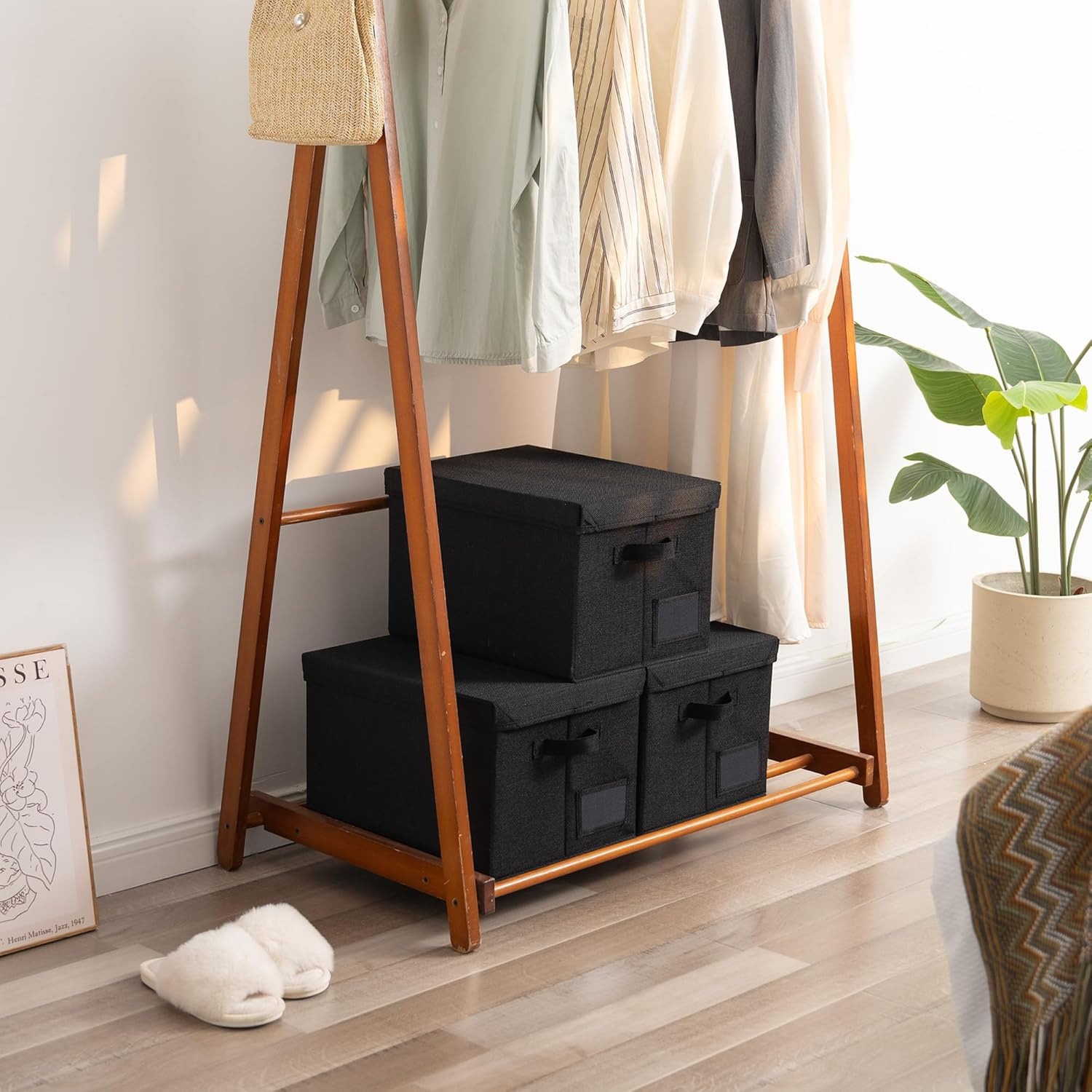 image:imageGRANNY SAYS Storage Basket with Lid Linen Fabric Storage Bins with Label Decorative Storage Boxes Clothes Storage and Organization Memory Keepsake Box 3Pack Medium KhakiampIvoryBlack
