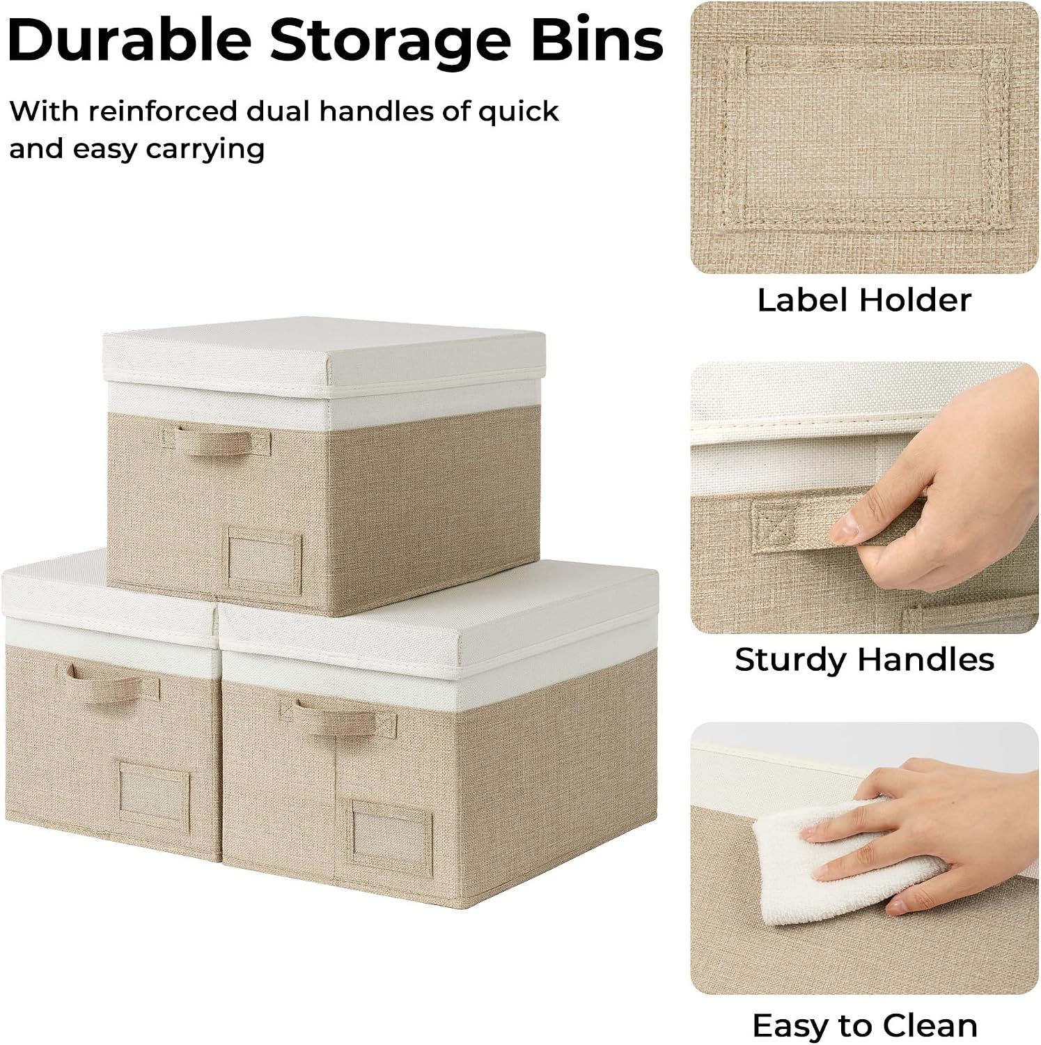image:imageGRANNY SAYS Storage Basket with Lid Linen Fabric Storage Bins with Label Decorative Storage Boxes Clothes Storage and Organization Memory Keepsake Box 3Pack Medium KhakiampIvoryWhiteKhaki