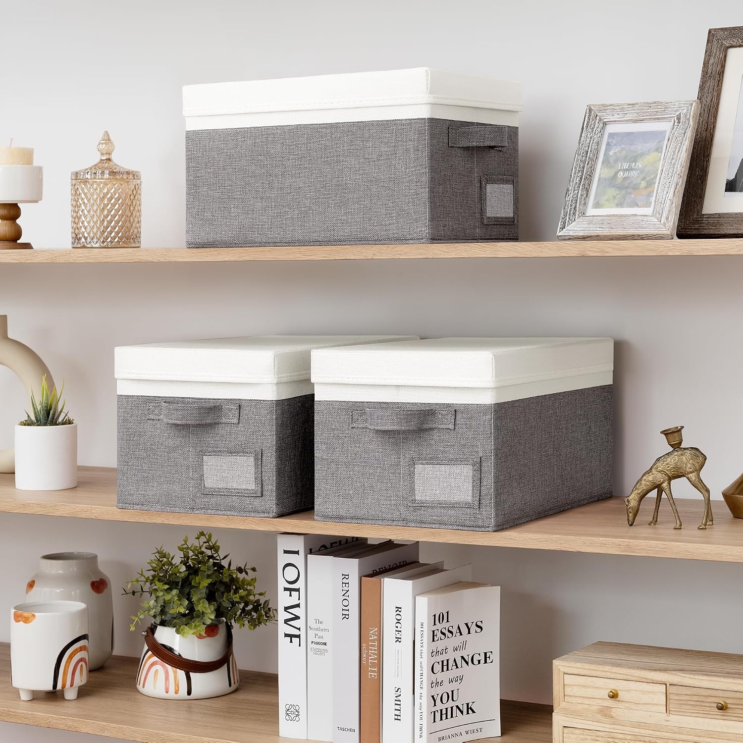 image:imageGRANNY SAYS Storage Basket with Lid Linen Fabric Storage Bins with Label Decorative Storage Boxes Clothes Storage and Organization Memory Keepsake Box 3Pack Medium KhakiampIvoryWhiteGray